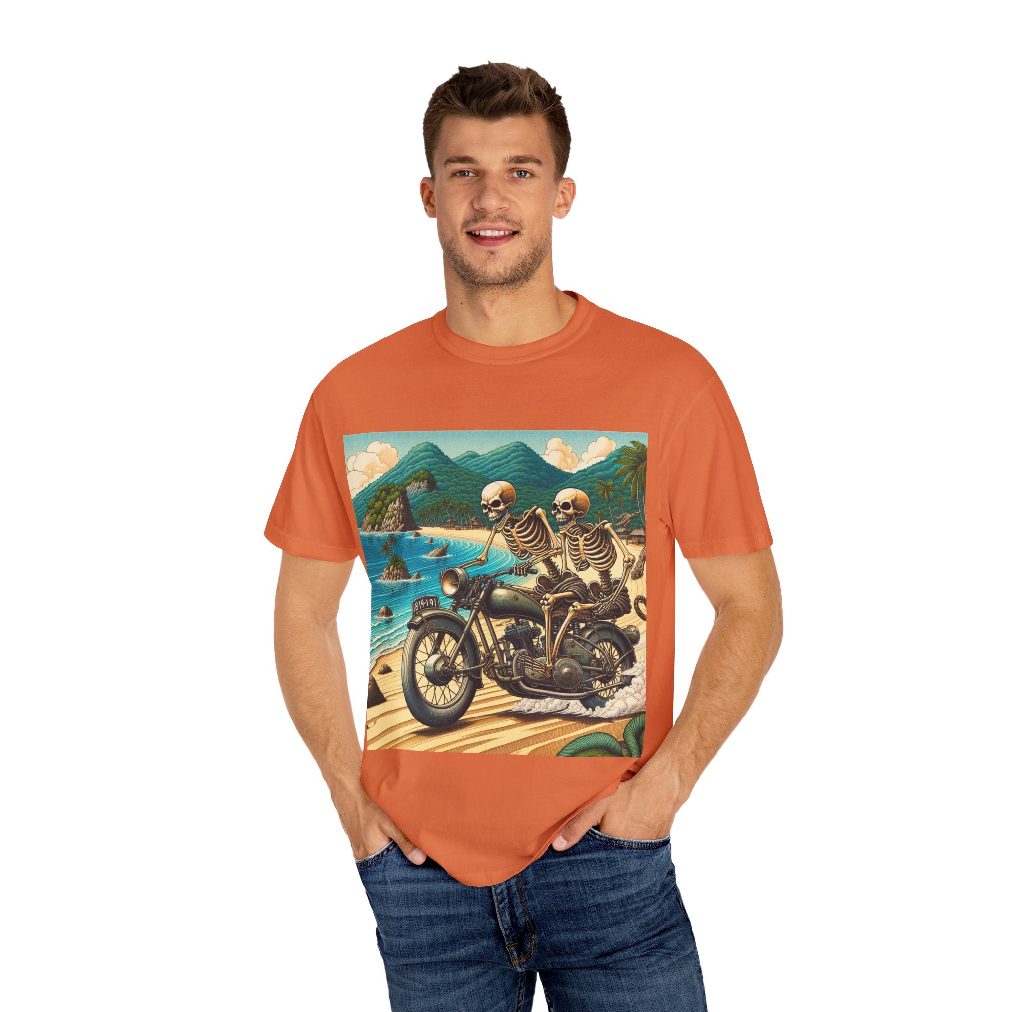 Skeleton Motorcycle Adventure T-Shirt, Casual Graphic Tee, Perfect for Bikers, Halloween, Road Trips, Vintage Style