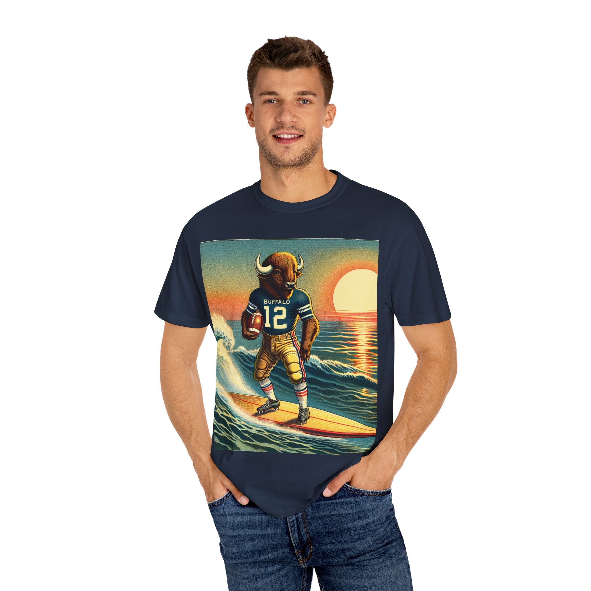 Surfing Buffalo Graphic Tee, Vintage Hipster Shirt, Casual Summer Apparel, Gift for Sports Fans, Unisex T-Shirt
