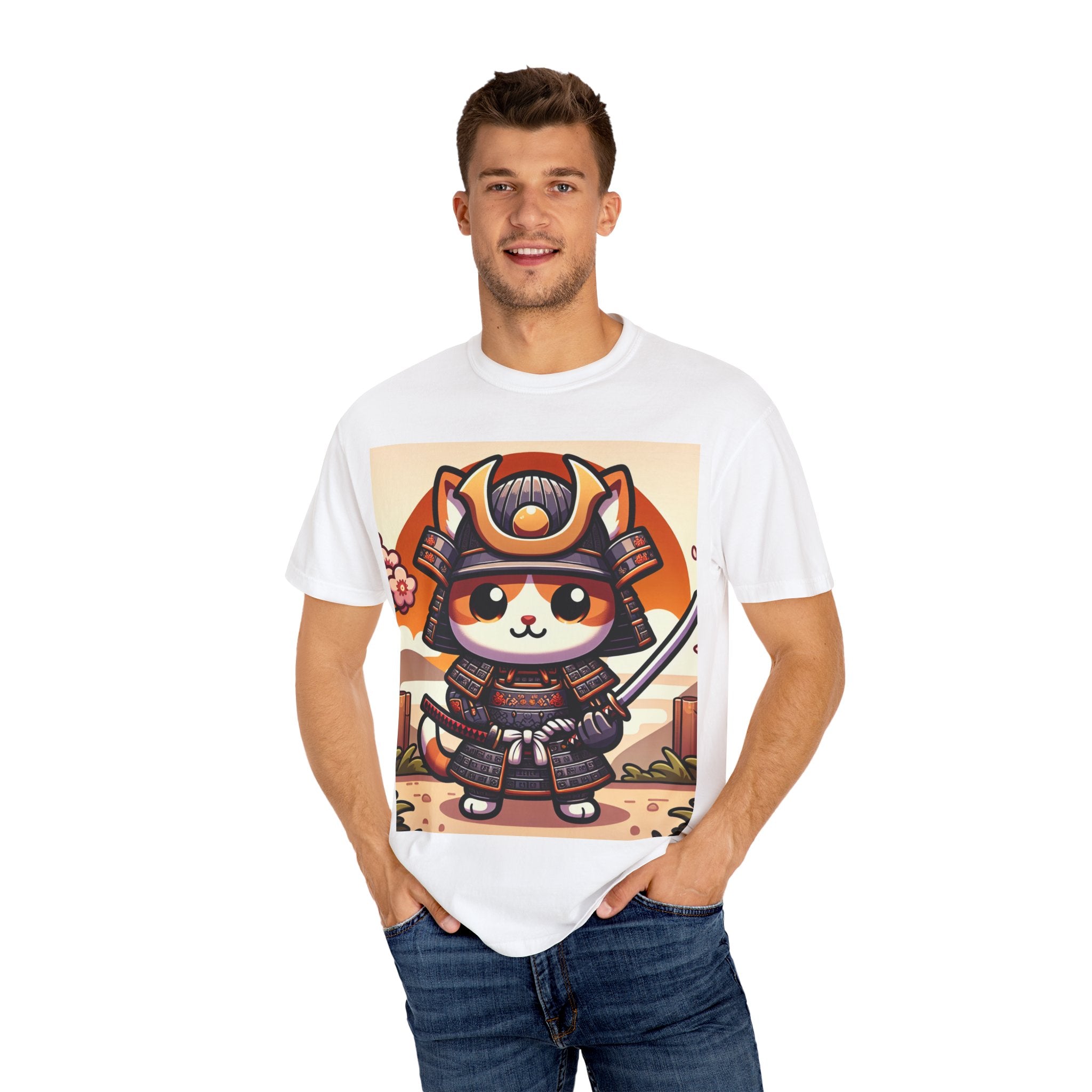 Samurai Cat T-shirt, Unisex Vintage Tee, Cute Cat Lover Gift, Anime Inspired Shirt, Perfect for Pet Lovers, Casual Streetwear