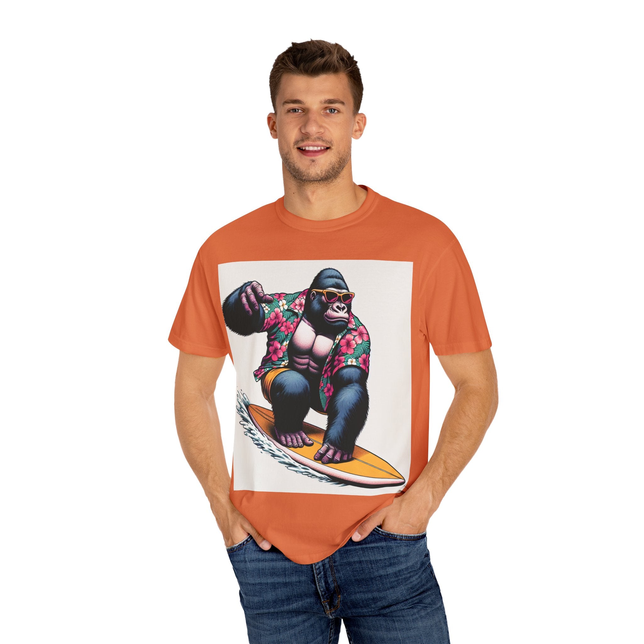 Surfing Gorilla T-Shirt, Casual Beachwear, Summer Gift, Graphic Tee, Unisex T-Shirt, Fun Vacation Apparel
