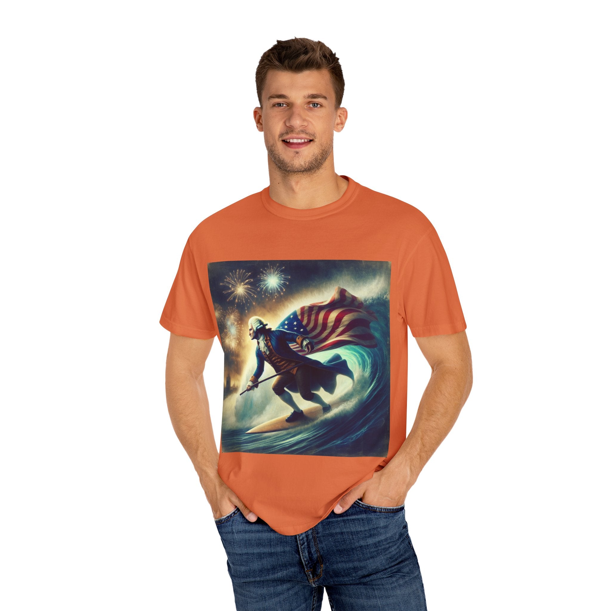 Patriotic Surfing T-Shirt, 4th of July Tee, Unisex Casual Shirt, Gift for Surfers, Independence Day Apparel