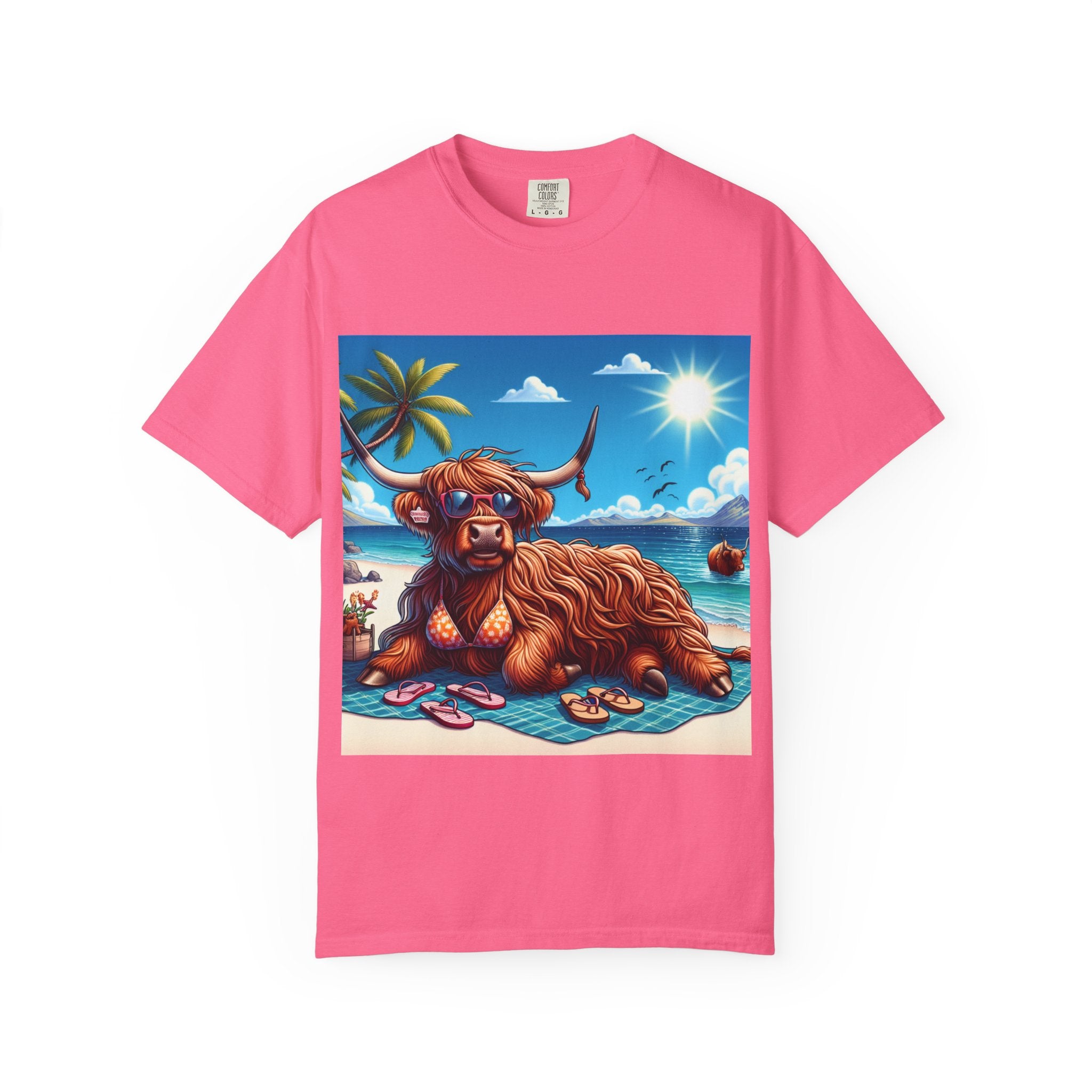 Highland Cow Beach Vibe T-Shirt, Garment-Dyed, Summer Apparel, Relaxed Fit Tee, Perfect for Beach Days, Gift for Animal Lovers