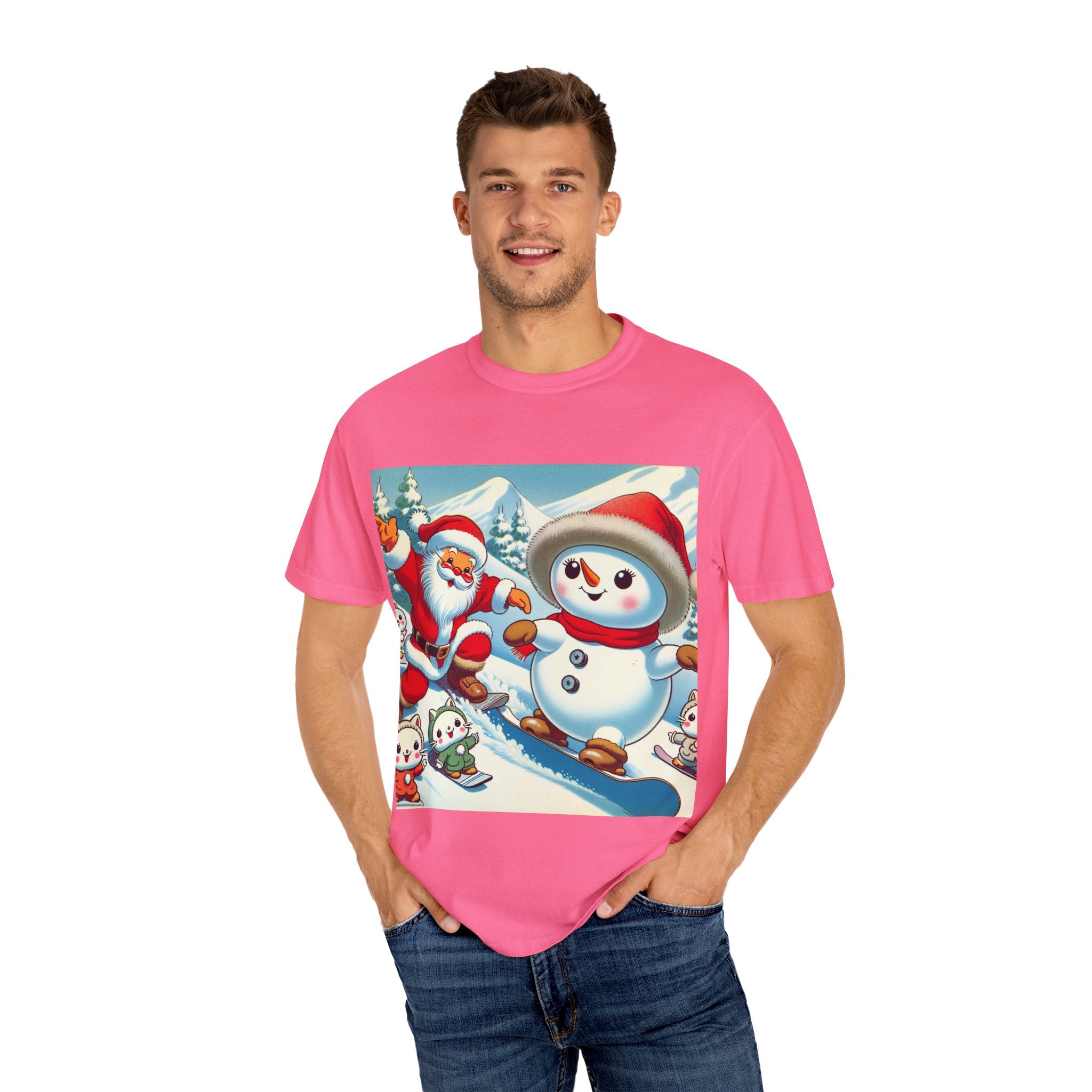 Festive Holiday T-shirt - Santa and Snowman Graphic, Christmas Gift, Unisex Tee, Winter Wear, Cute Christmas Shirt