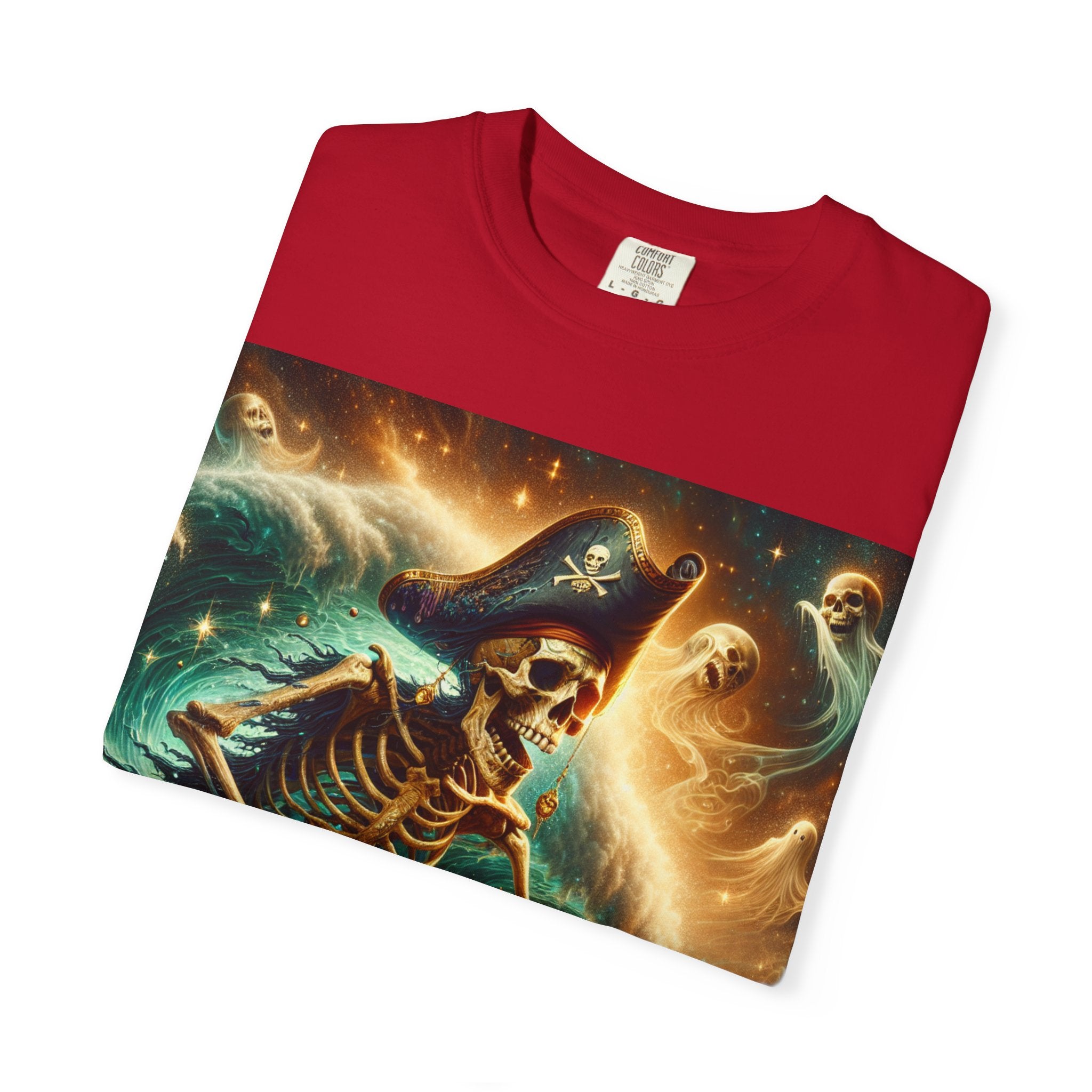 Surfing Skeleton Graphic T-shirt, Halloween Apparel, Pirate T-shirt, Unisex Summer Shirt, Beachwear, Gift for Surfers