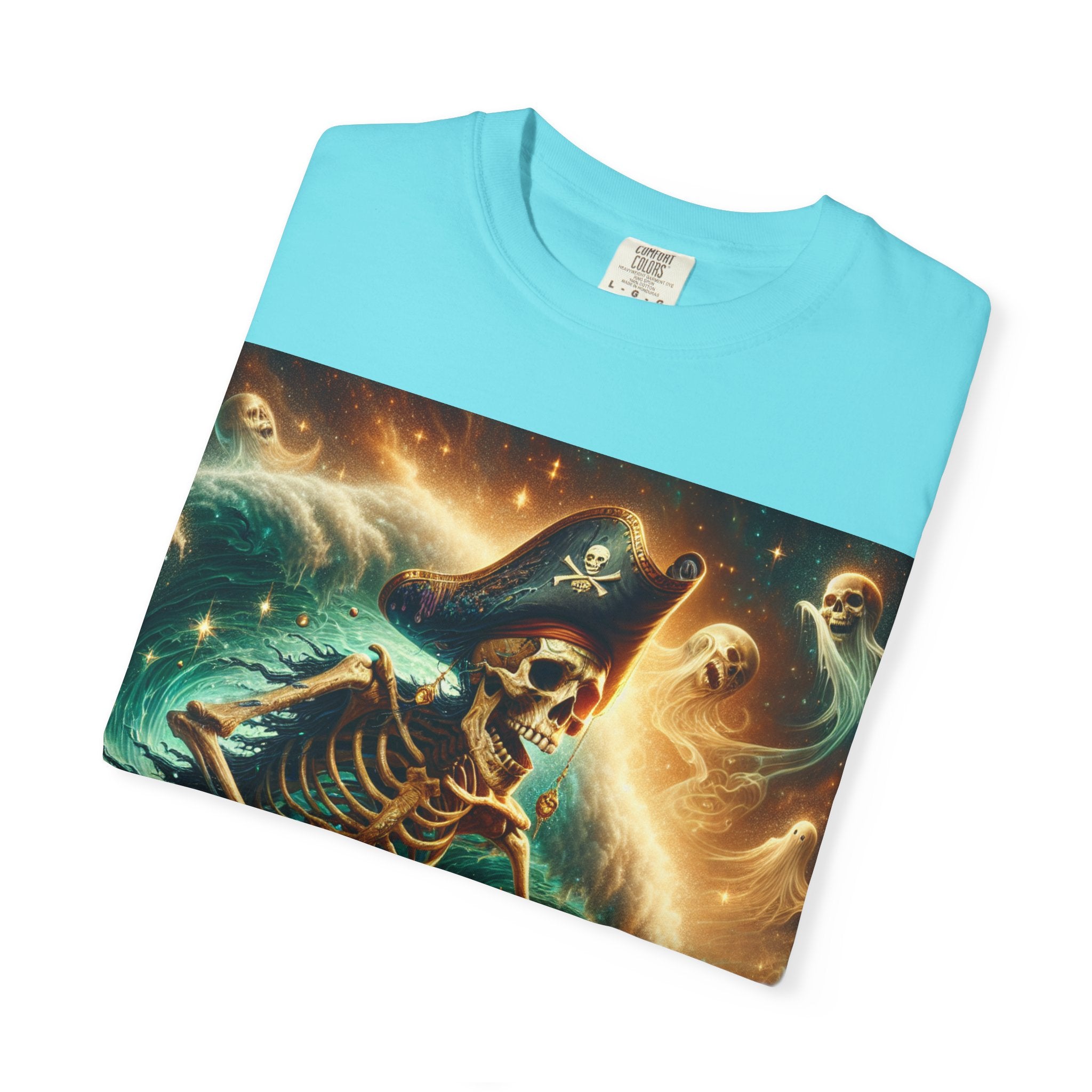 Surfing Skeleton Graphic T-shirt, Halloween Apparel, Pirate T-shirt, Unisex Summer Shirt, Beachwear, Gift for Surfers