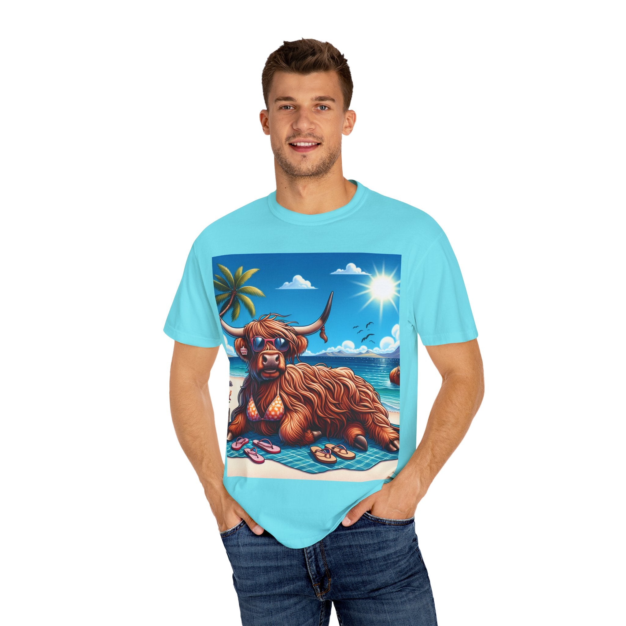 Beachy Highland Cow T-shirt | Unisex Garment-Dyed Tee, Relaxed Summer Fashion, Animal Lover Gift, Vacation Wear, Fun Graphic Tee