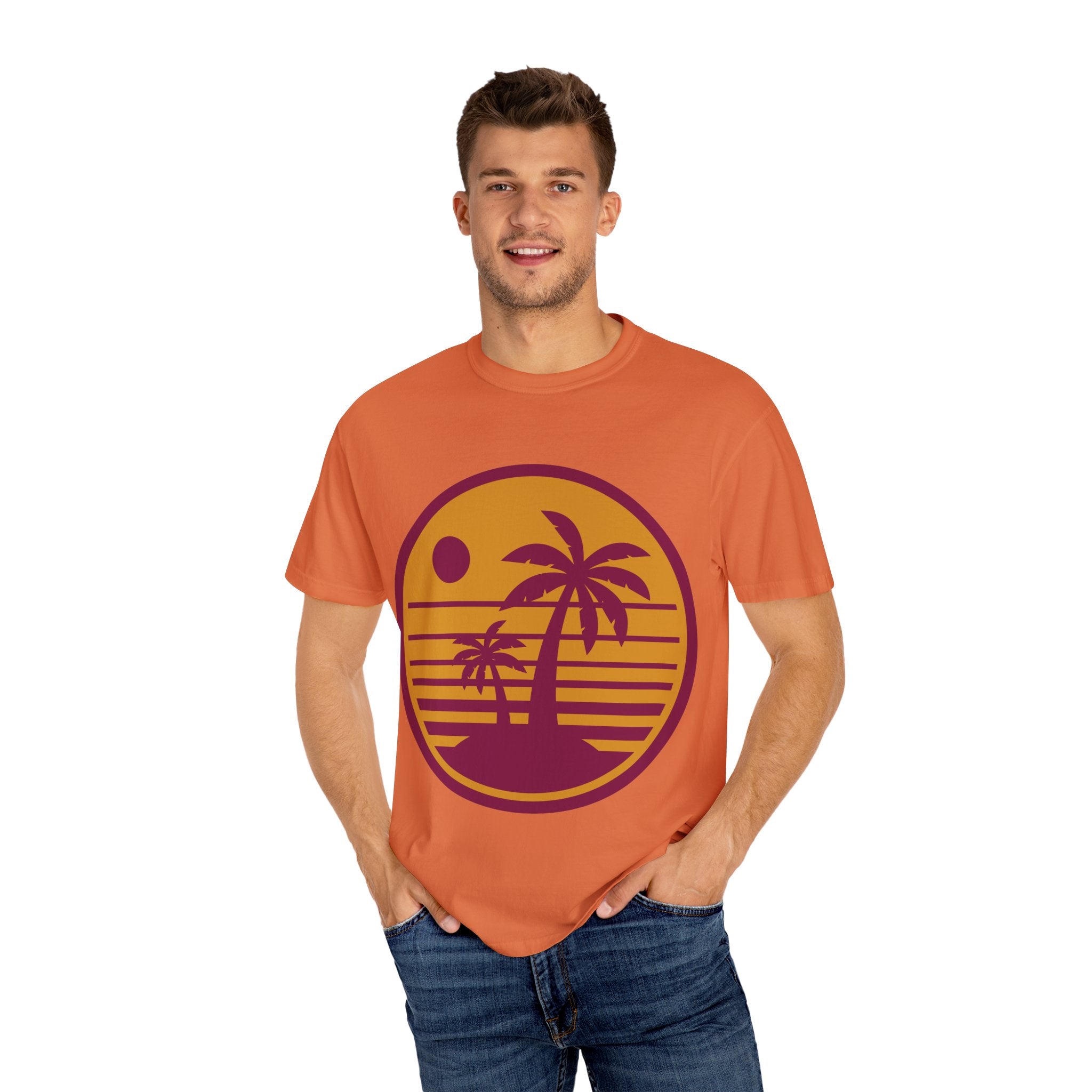 Sunset Palm Tree T-shirt, Casual Summer Tee, Unisex Beachwear, Graphic Tee for Vacation, Gift for Nature Lovers