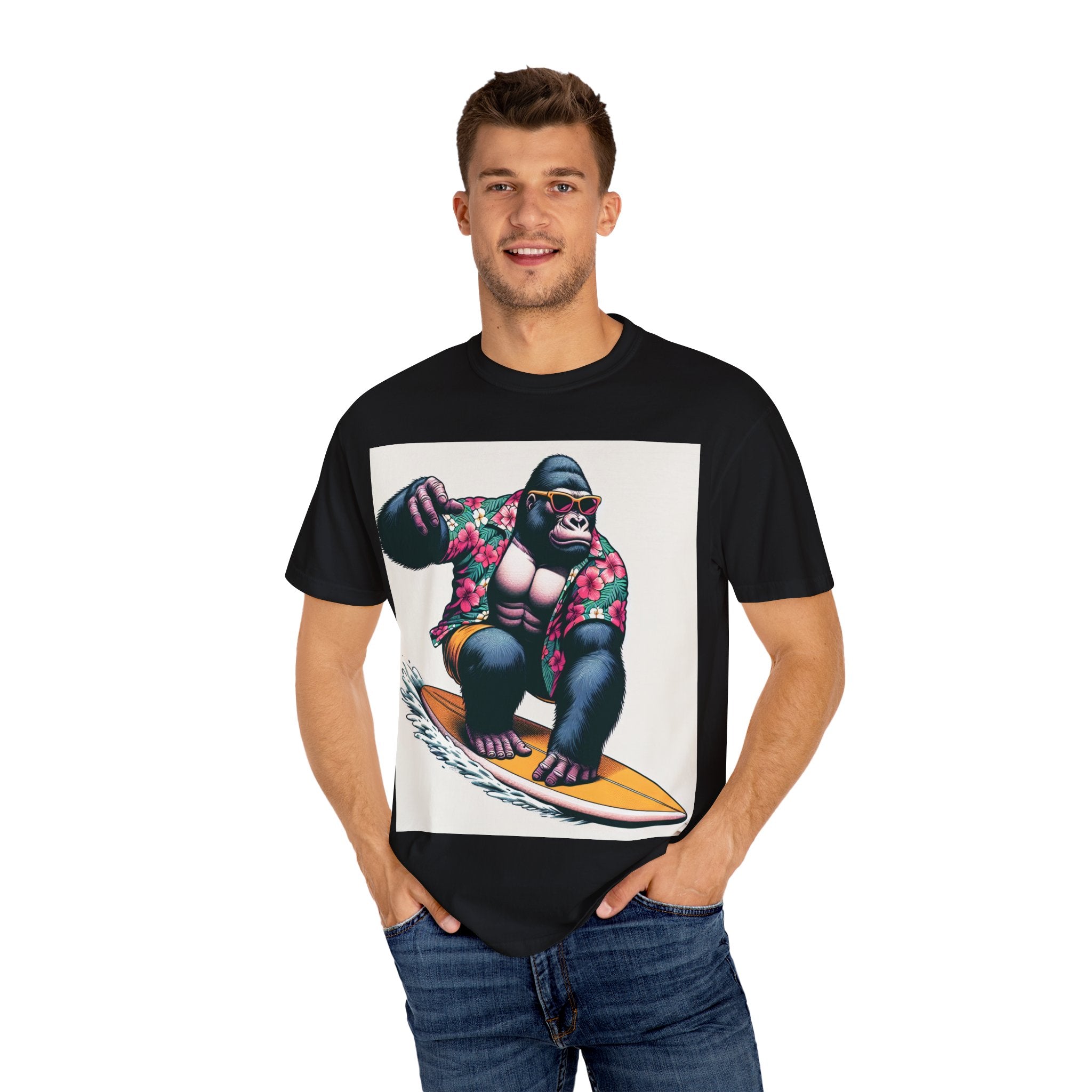 Surfing Gorilla T-Shirt, Casual Beachwear, Summer Gift, Graphic Tee, Unisex T-Shirt, Fun Vacation Apparel