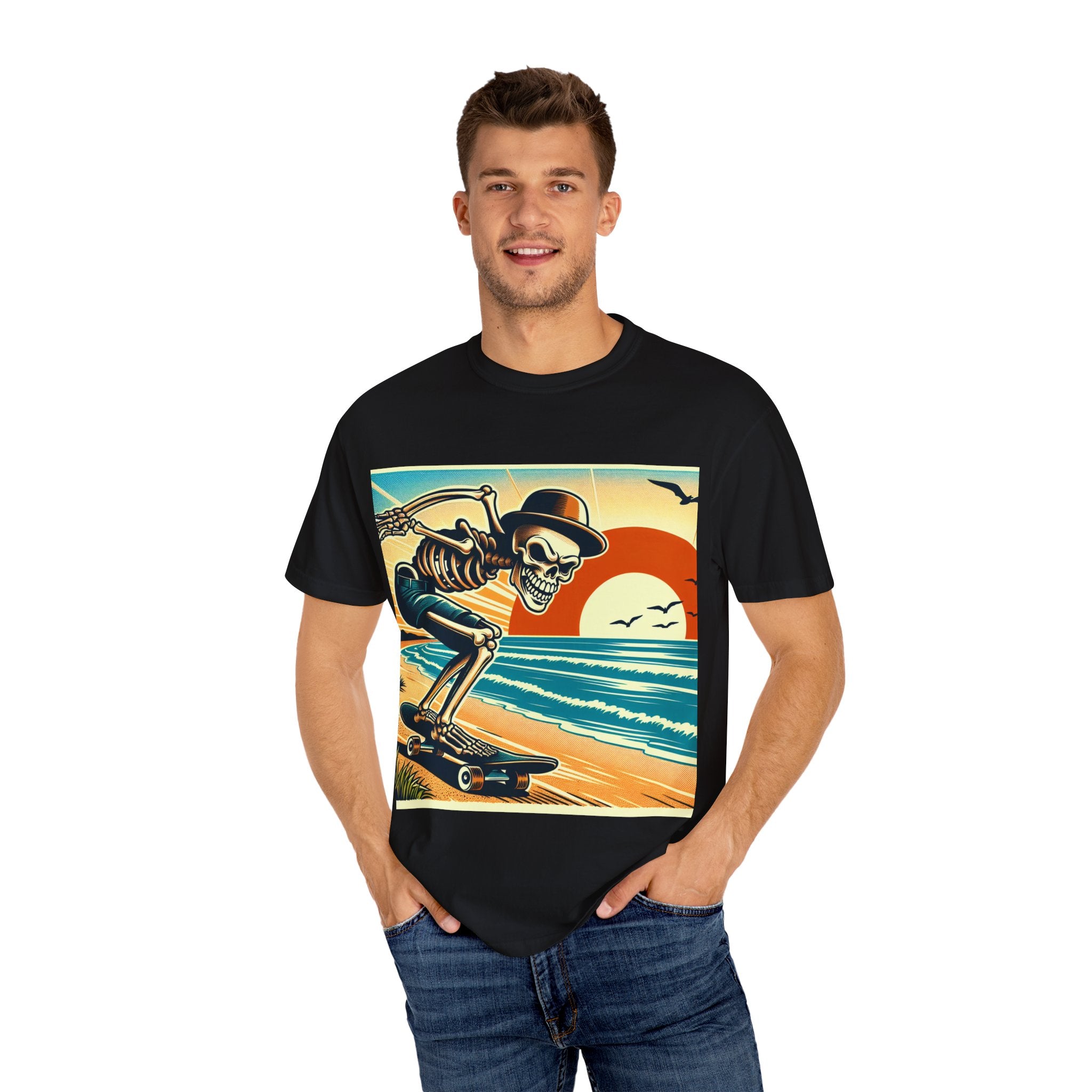 Skeleton Skateboarder Unisex T-Shirt, Beach Vibe Tee, Summer Fashion, Gift for Skaters, Casual Wear, Unique Graphic Tee