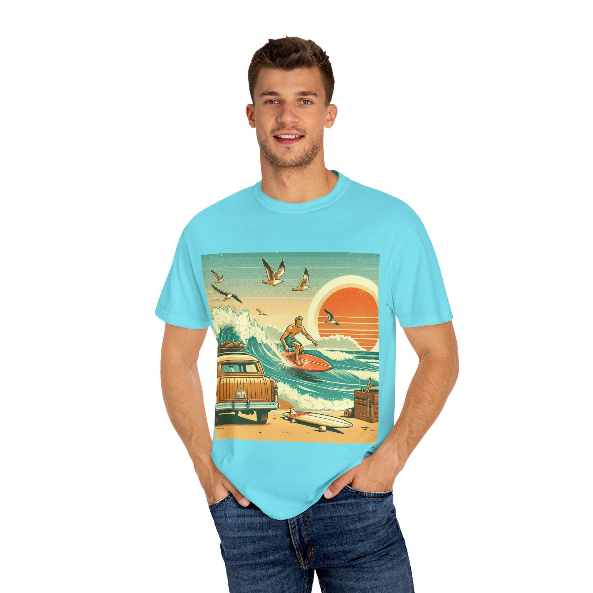Retro Surf Adventure T-shirt, Vintage Beach Tee, Summer Vibes Shirt, Graphic Surfing Apparel, Gift for Beach Lovers