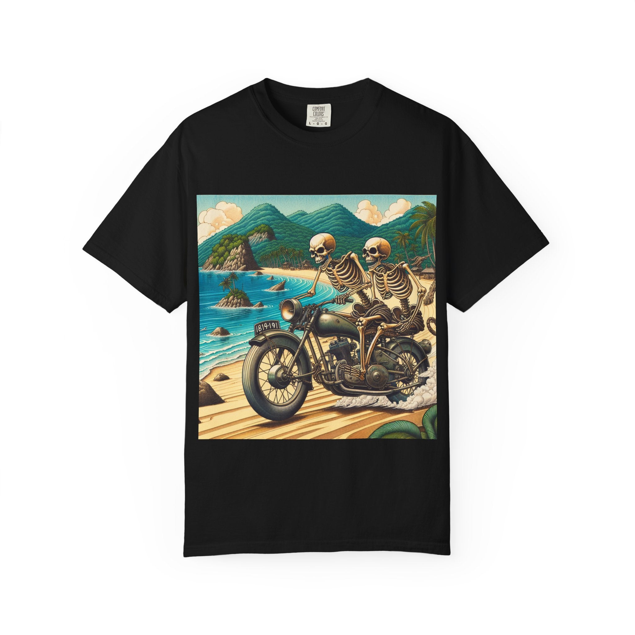 Skeleton Motorcycle Adventure T-Shirt, Casual Graphic Tee, Perfect for Bikers, Halloween, Road Trips, Vintage Style