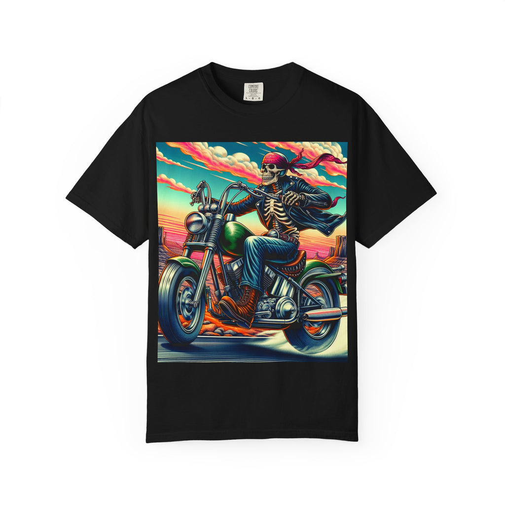 Skeleton Rider T-Shirt - Bohemian Vibe, Perfect for Bikers, Music Festivals, Casual Wear, Gift for Adventurers