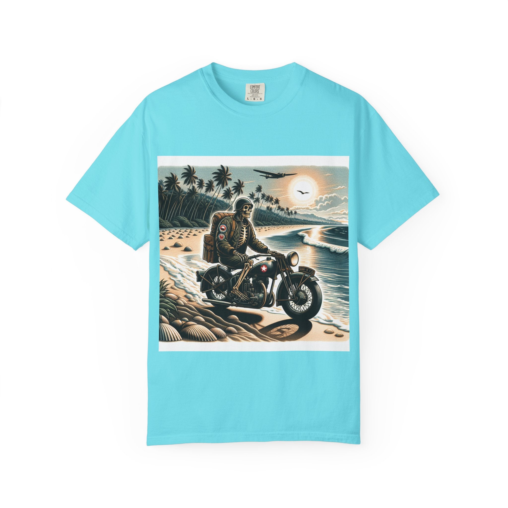 Vintage Motorcycle Beach T-Shirt, Relaxed Style Tee for Bikers, Unisex Graphic Top, Beach Lovers Gift, Adventure Apparel