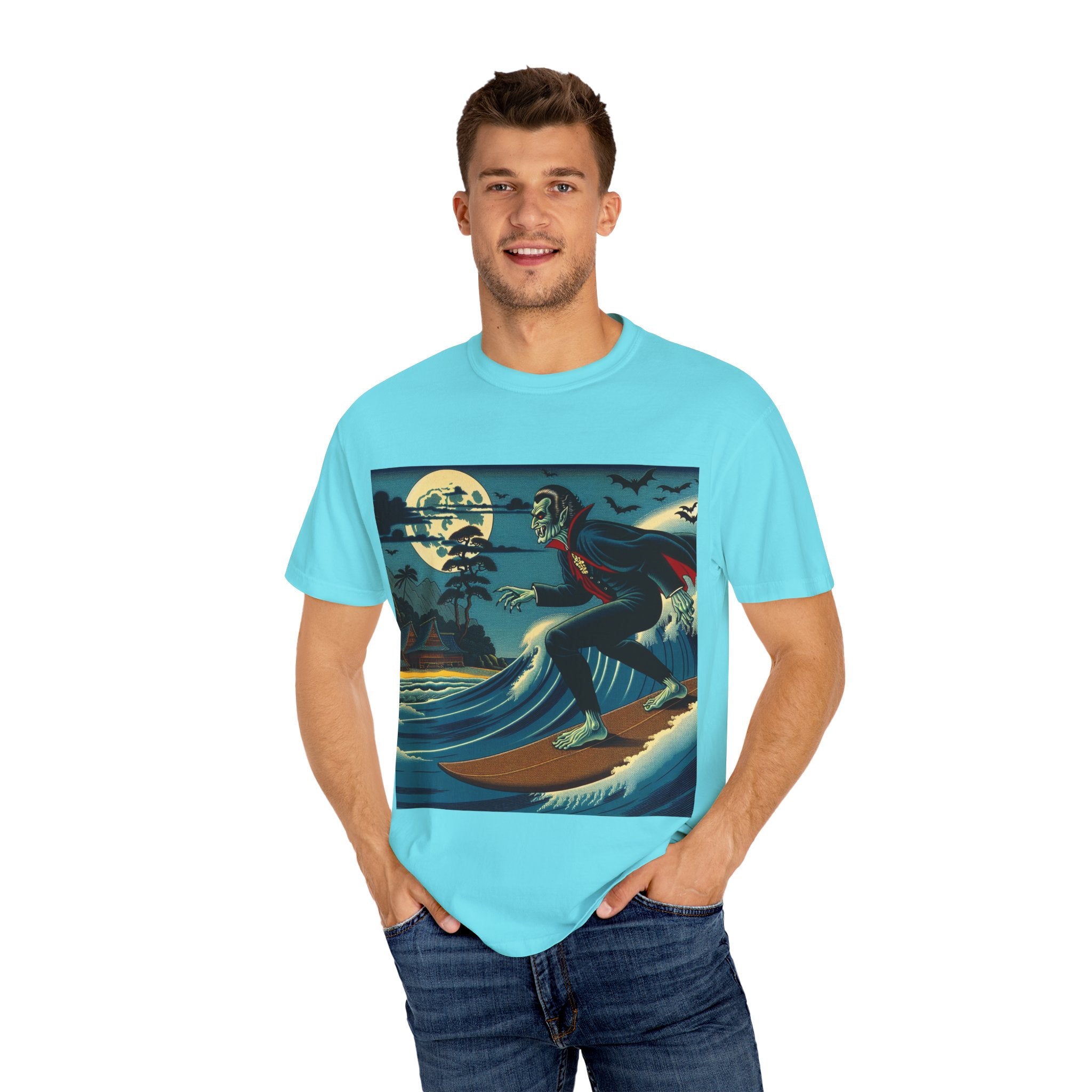 Surfing Vampire T-Shirt, Halloween Shirt, Unisex Graphic Tee, Casual Wear for Surf Lovers, Spooky Summer Fashion