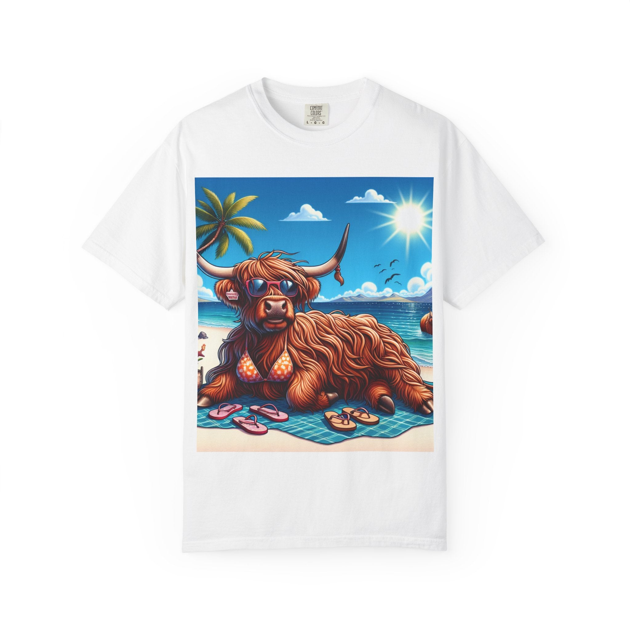 Beachy Highland Cow T-shirt | Unisex Garment-Dyed Tee, Relaxed Summer Fashion, Animal Lover Gift, Vacation Wear, Fun Graphic Tee