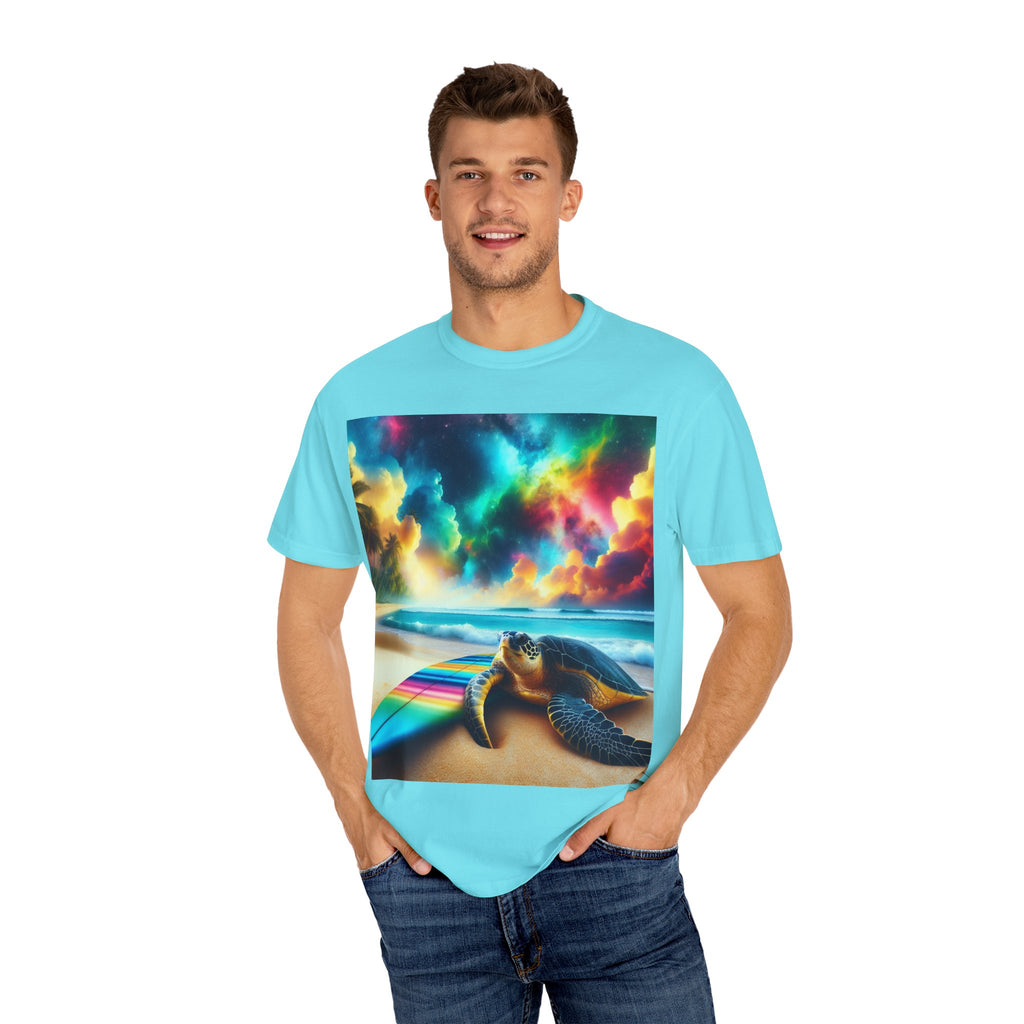 Colorful Turtle Surfing T-Shirt for Beach Lovers, Unisex Tee, Vacation Apparel, Ocean Theme, Summer Gift