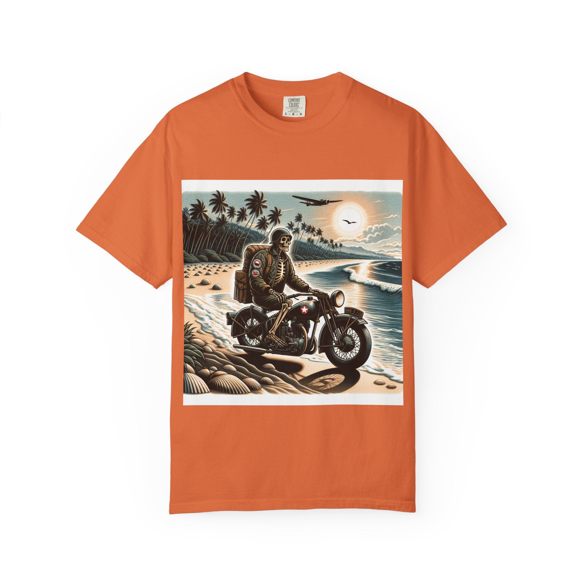 Vintage Motorcycle Beach T-Shirt, Relaxed Style Tee for Bikers, Unisex Graphic Top, Beach Lovers Gift, Adventure Apparel