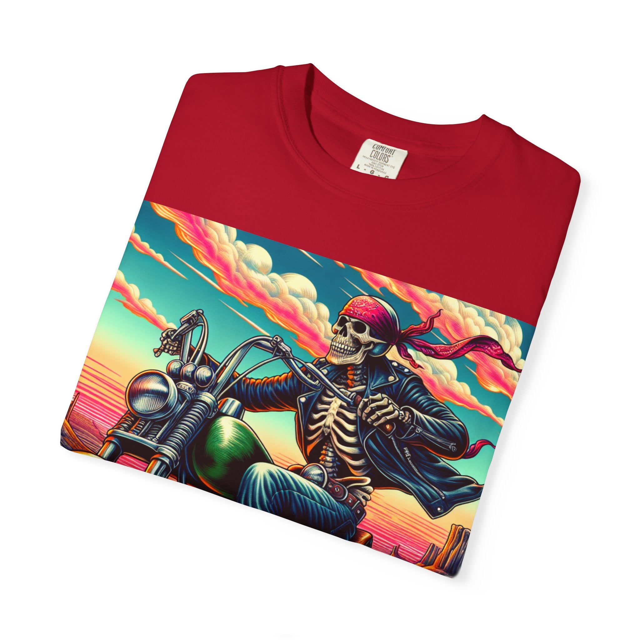 Skeleton Rider T-Shirt - Bohemian Vibe, Perfect for Bikers, Music Festivals, Casual Wear, Gift for Adventurers
