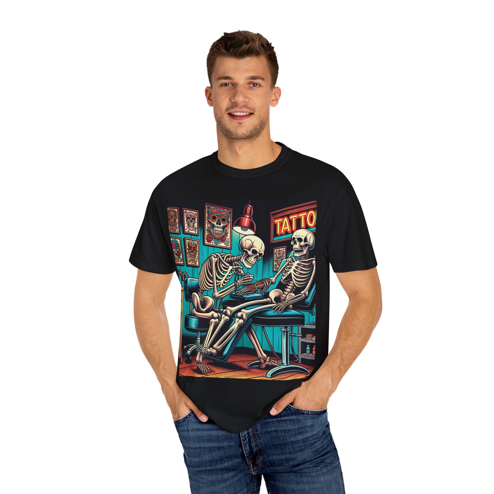 Skeleton Tattoo Parlor T-Shirt, Unisex Graphic Tee, Halloween Apparel, Gift for Tattoo Lovers, Retro Style Shirt, Unique Gift Idea