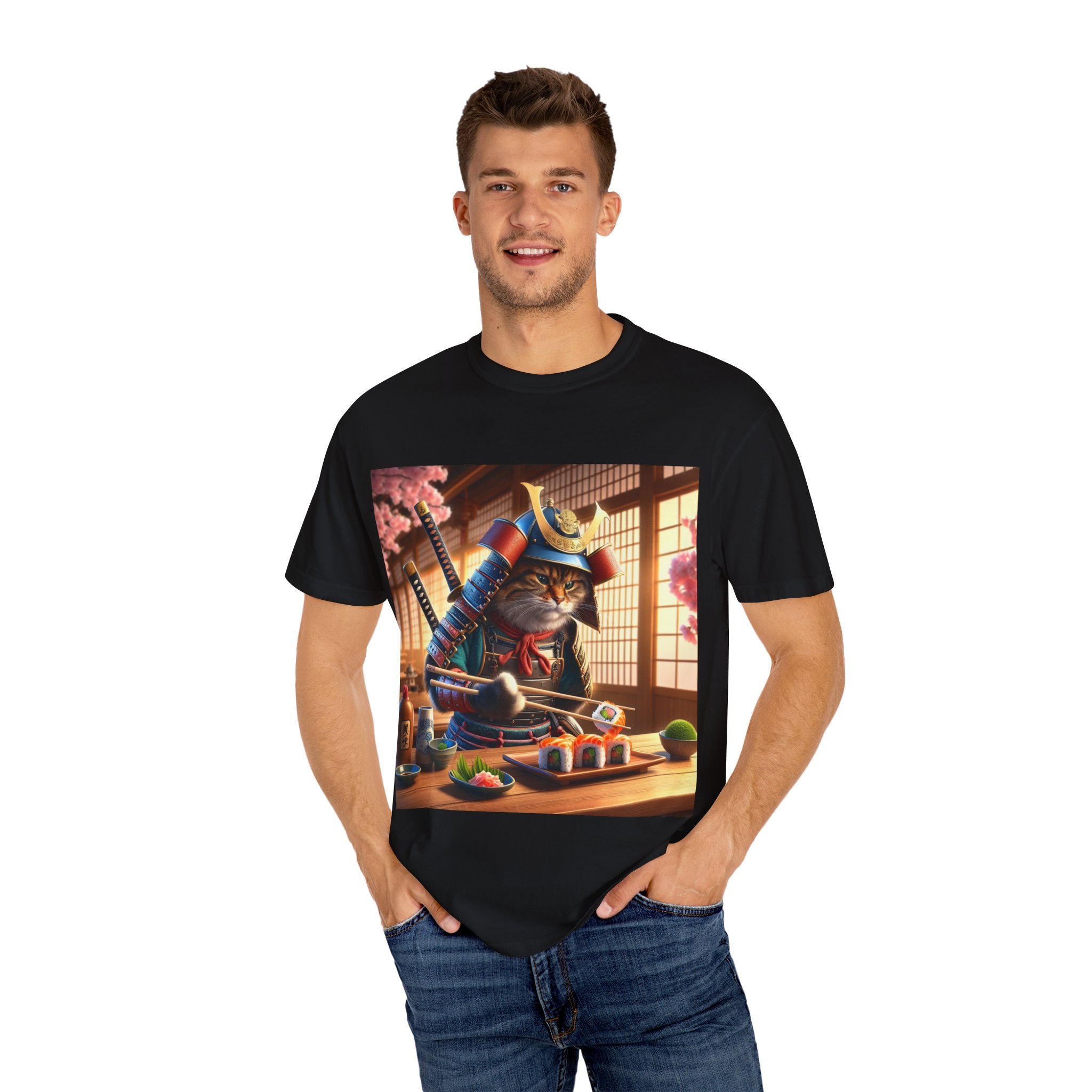 Samurai Cat T-Shirt, Cool Cat Tee, Sushi Lover Gift, Unique Graphic Shirt, Unisex Apparel, Fun Pet Gift