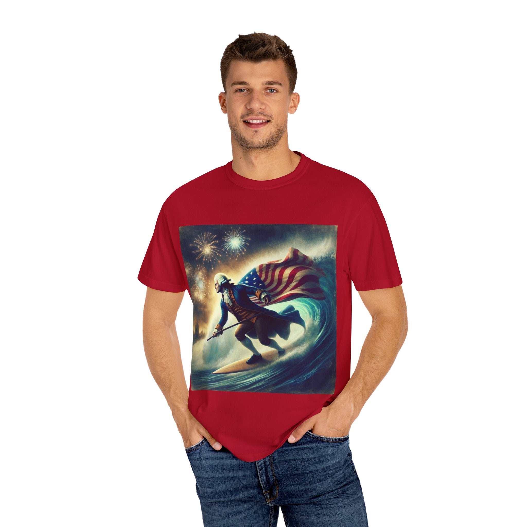 Patriotic Surfing T-Shirt, 4th of July Tee, Unisex Casual Shirt, Gift for Surfers, Independence Day Apparel