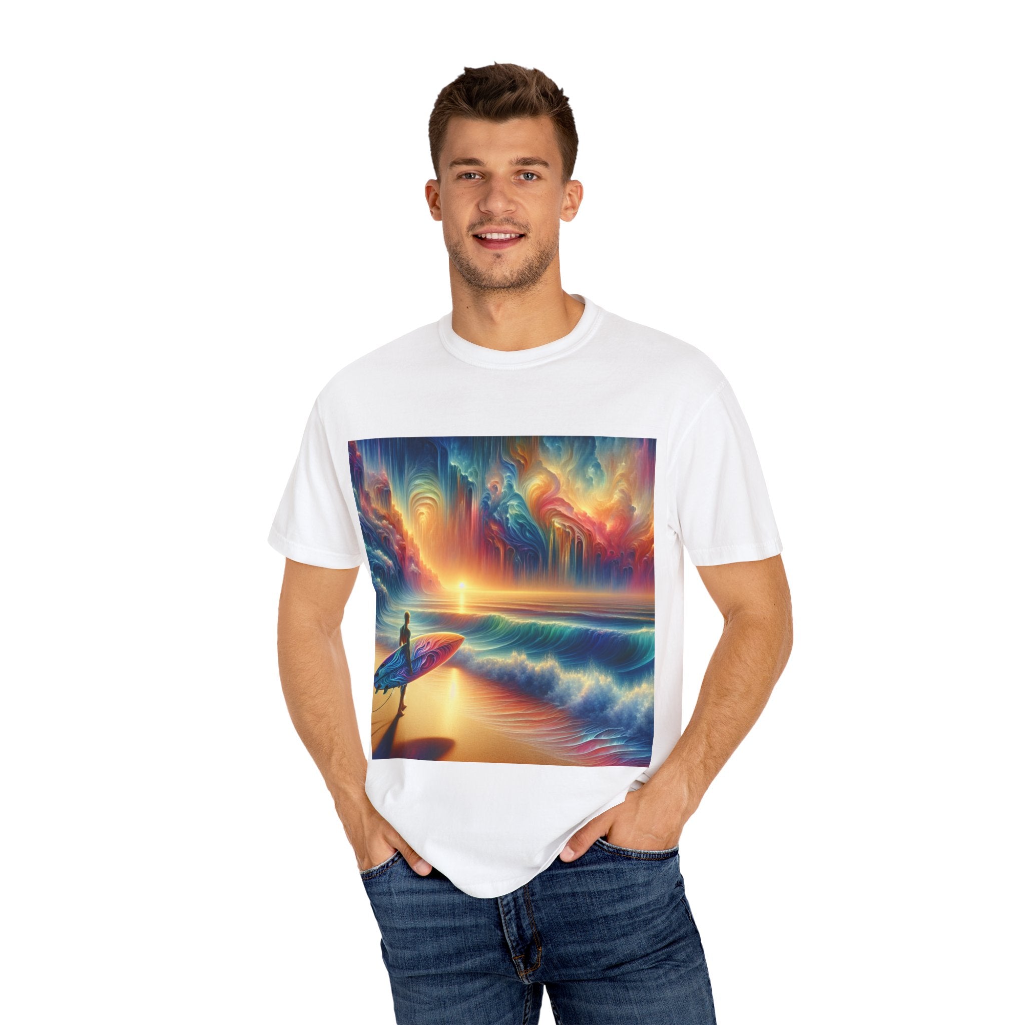 Vibrant Surfing Sunset T-Shirt, Beach Lover Gift, Summer Aesthetic, Unisex Apparel, Adventure Clothe, Travel Essential