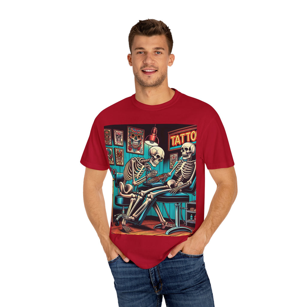 Skeleton Tattoo Parlor T-Shirt, Unisex Graphic Tee, Halloween Apparel, Gift for Tattoo Lovers, Retro Style Shirt, Unique Gift Idea