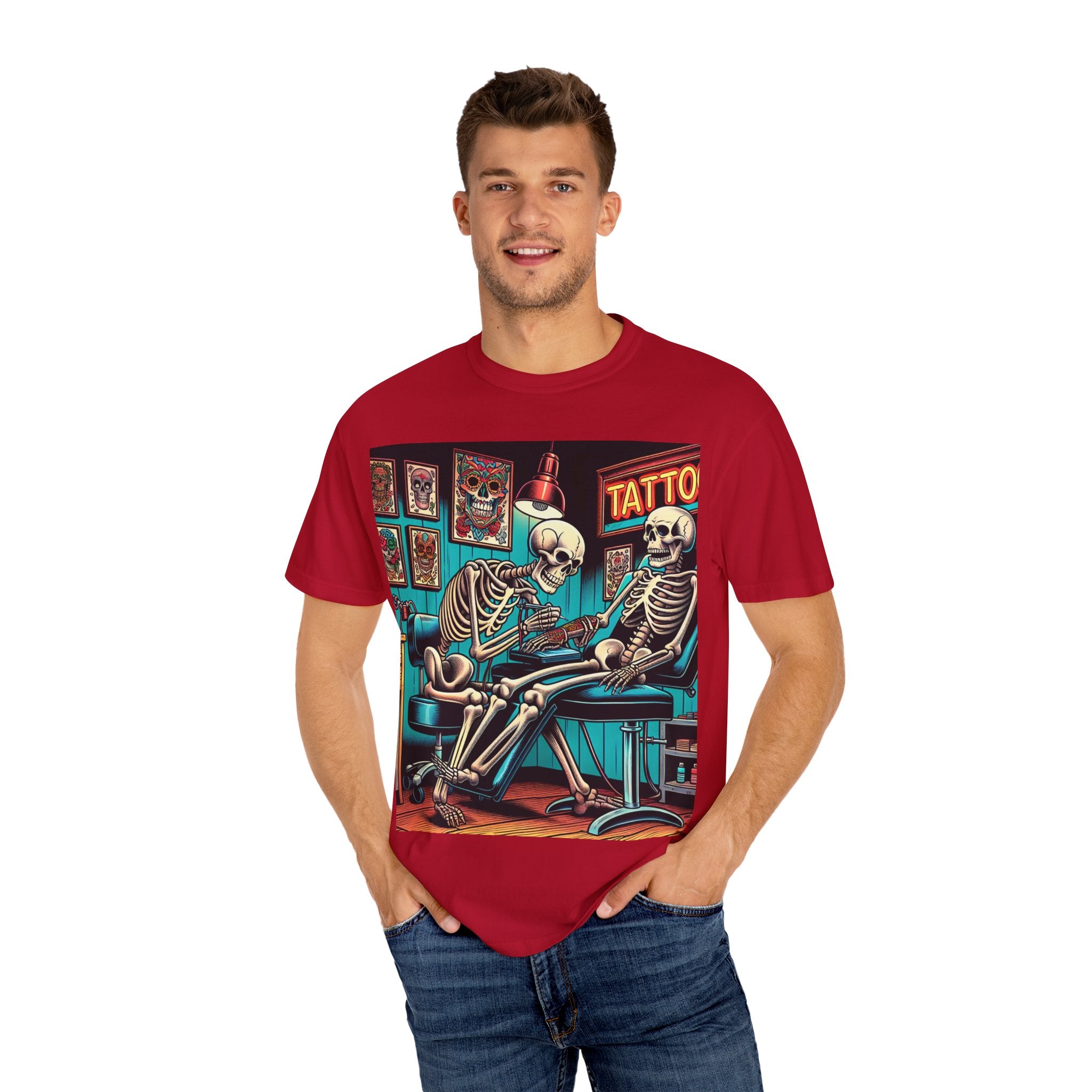 Skeleton Tattoo Parlor T-Shirt, Unisex Graphic Tee, Halloween Apparel, Gift for Tattoo Lovers, Retro Style Shirt, Unique Gift Idea