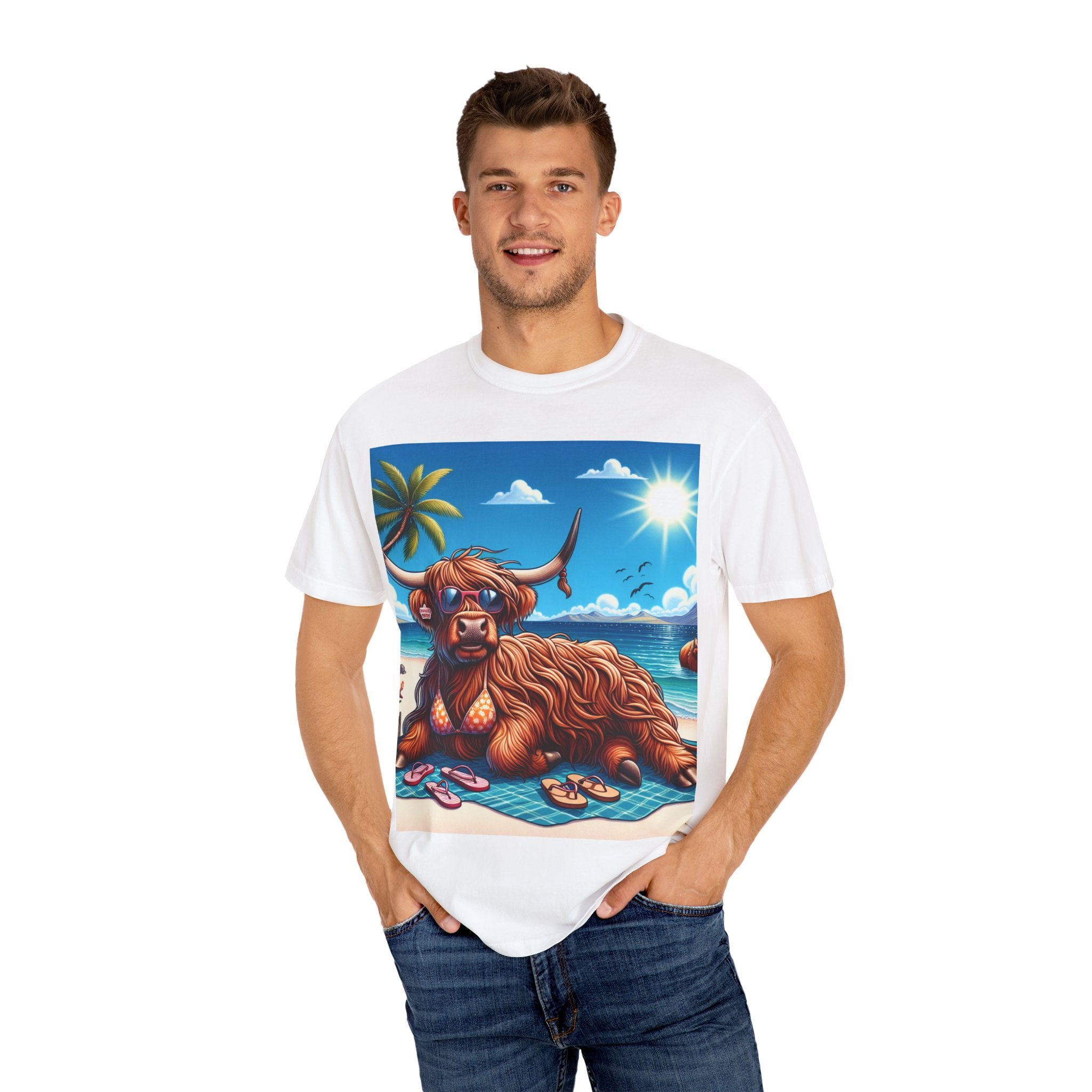 Beachy Highland Cow T-shirt | Unisex Garment-Dyed Tee, Relaxed Summer Fashion, Animal Lover Gift, Vacation Wear, Fun Graphic Tee