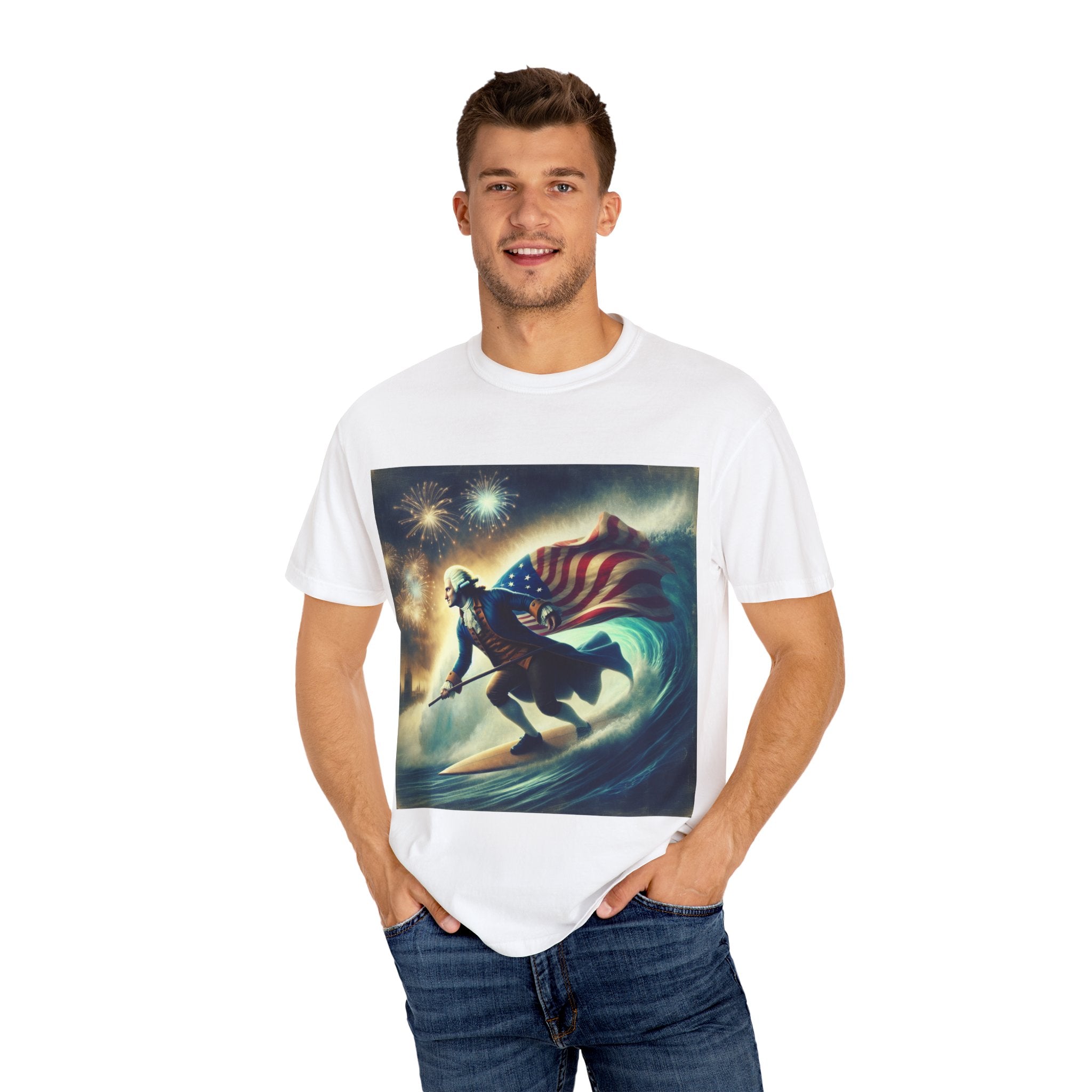 Patriotic Surfing T-Shirt, 4th of July Tee, Unisex Casual Shirt, Gift for Surfers, Independence Day Apparel