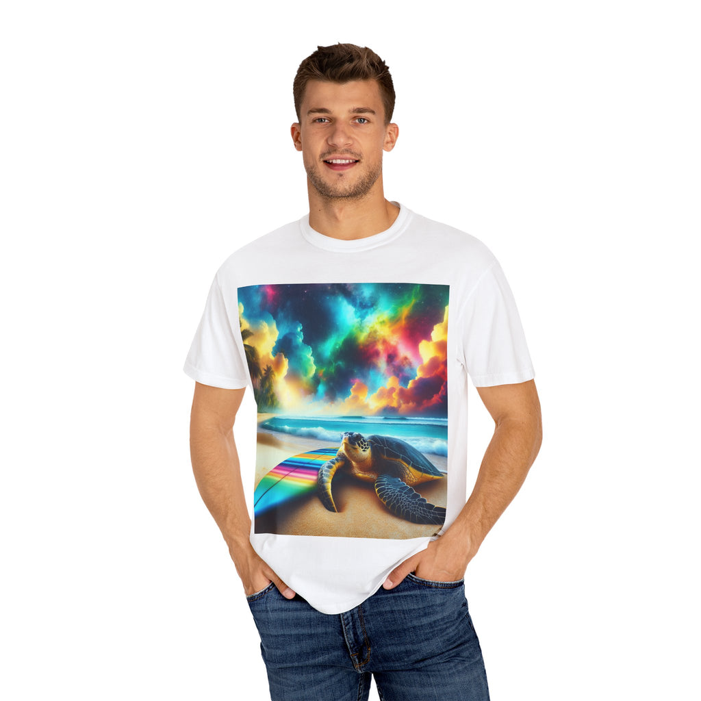 Colorful Turtle Surfing T-Shirt for Beach Lovers, Unisex Tee, Vacation Apparel, Ocean Theme, Summer Gift