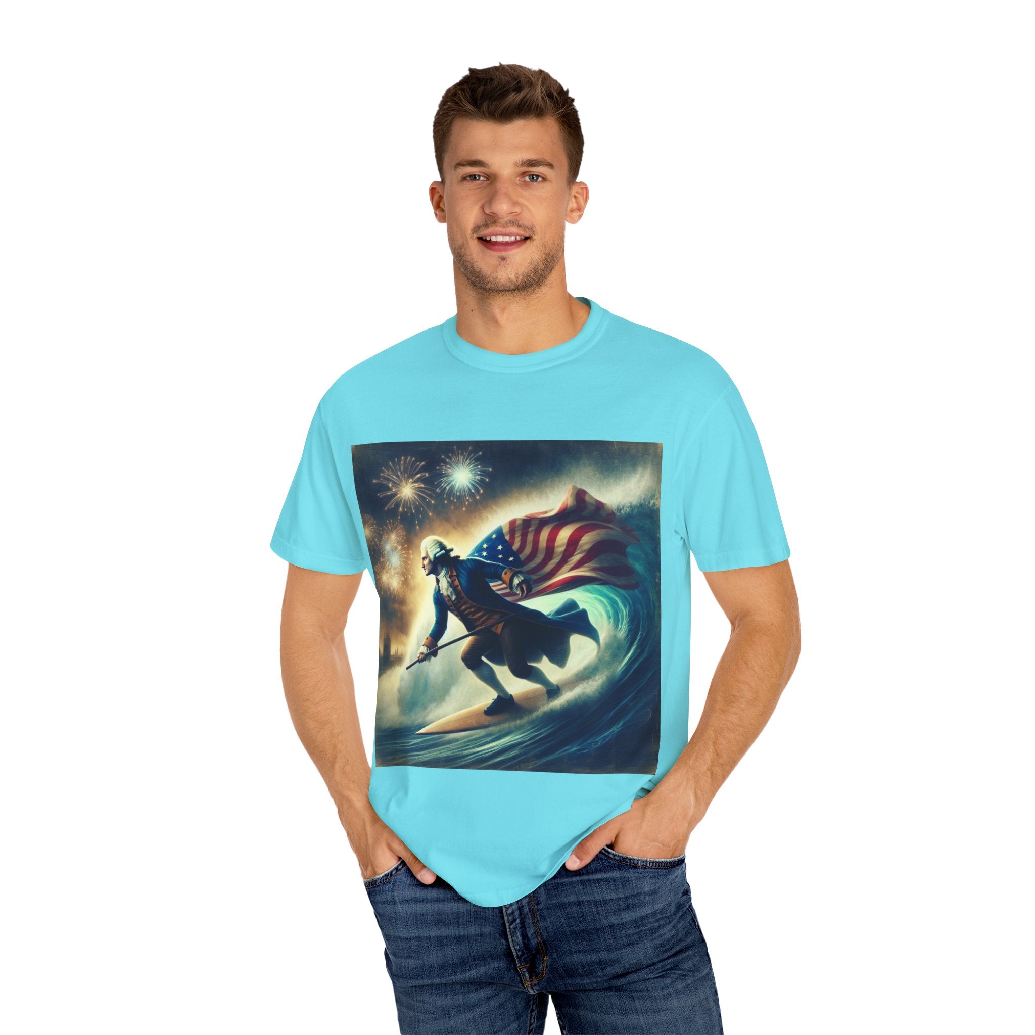 Patriotic Surfing T-Shirt, 4th of July Tee, Unisex Casual Shirt, Gift for Surfers, Independence Day Apparel