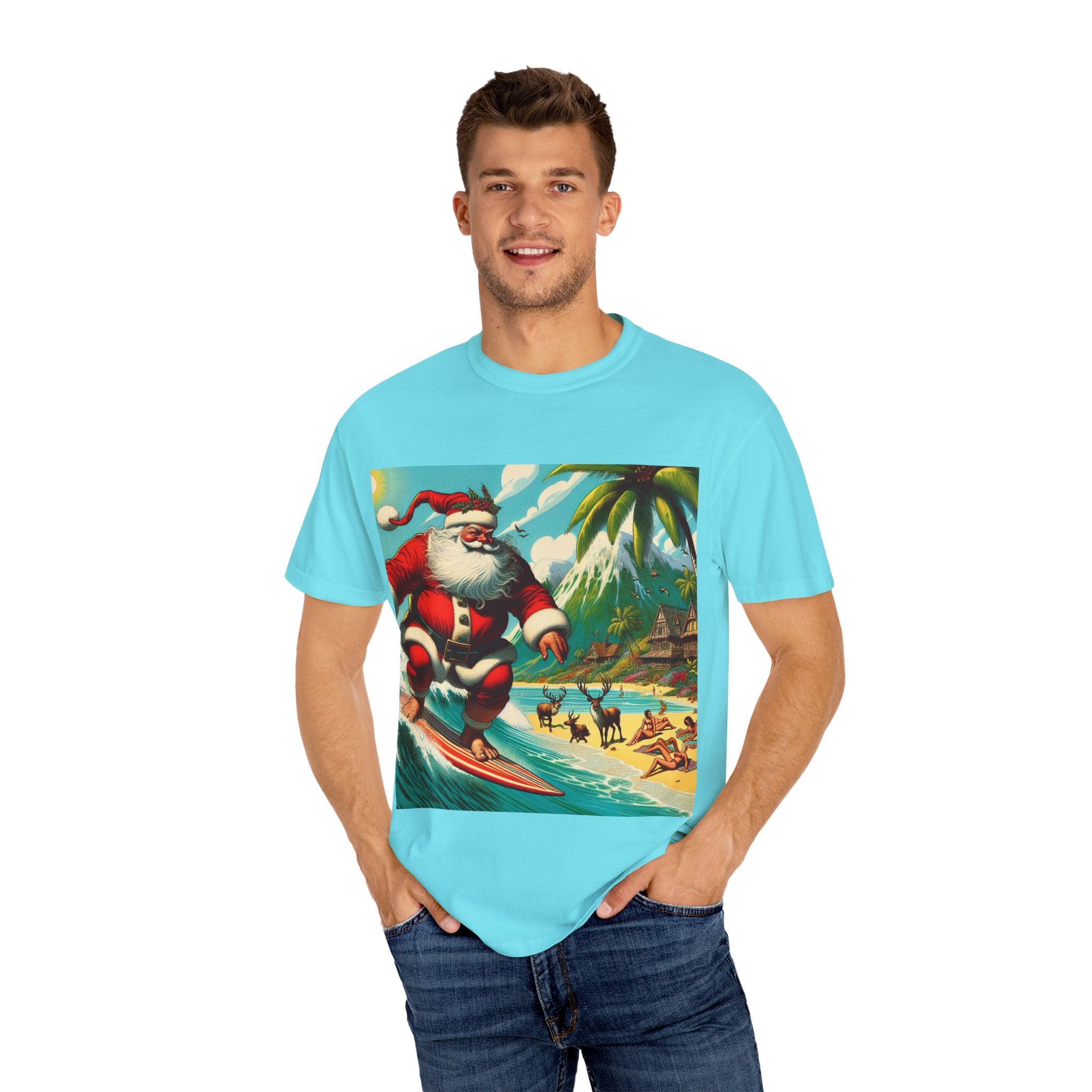 Surfing Santa Unisex T-Shirt, Christmas Tee, Holiday Wear, Funny T-Shirt, Summer Vibes, Gift for Him/Her, Beach Apparel