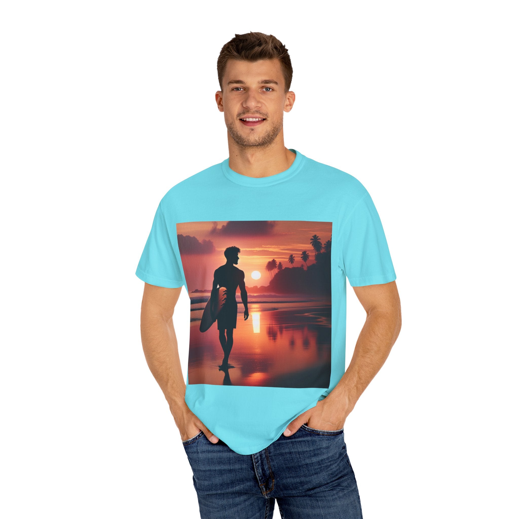 Sunset Surfer Unisex T-Shirt, Beach Vibes Tee, Perfect for Summer, Gift for Surfers, Casual Wear, Vacation Outfit, Surfing Apparel