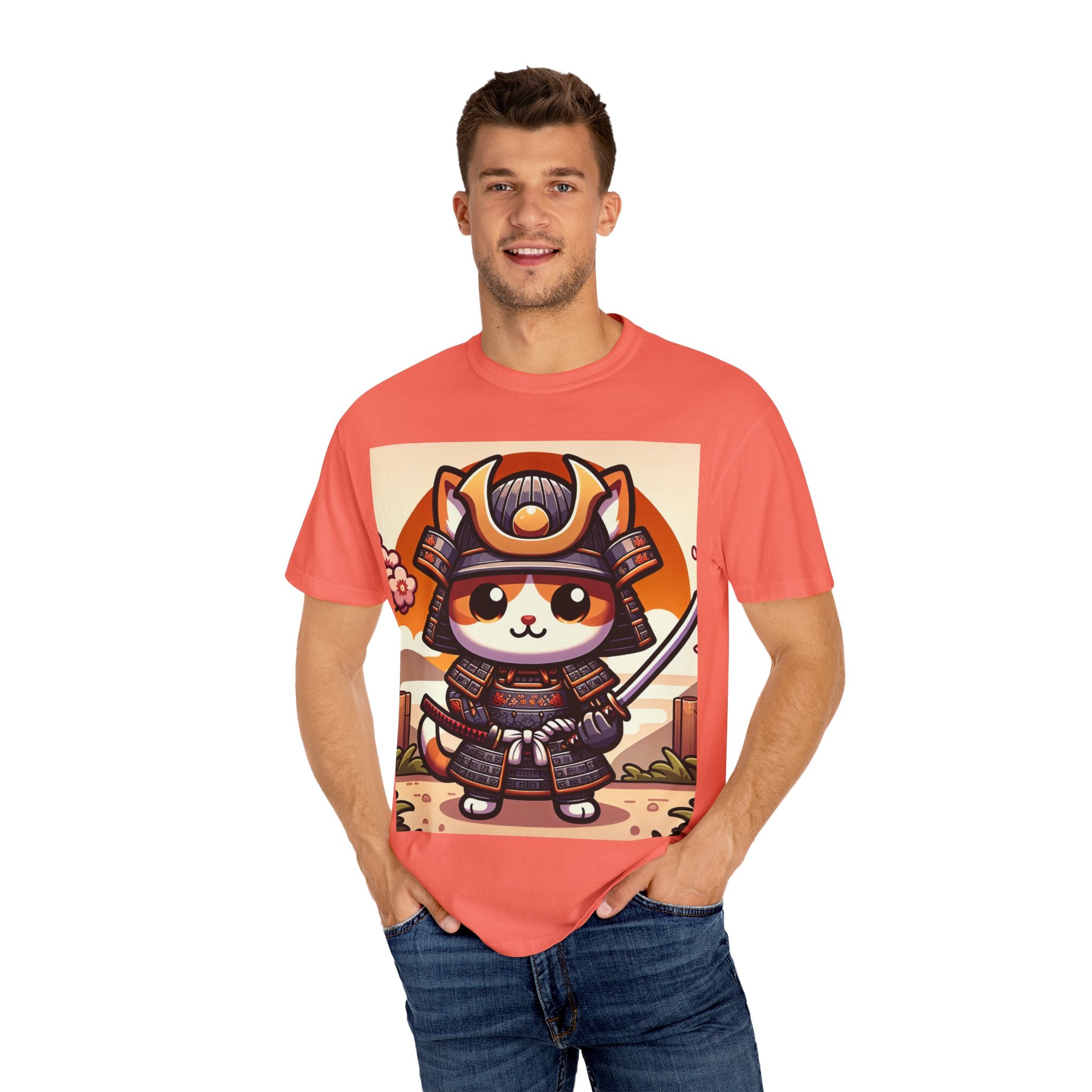 Samurai Cat T-shirt, Unisex Vintage Tee, Cute Cat Lover Gift, Anime Inspired Shirt, Perfect for Pet Lovers, Casual Streetwear