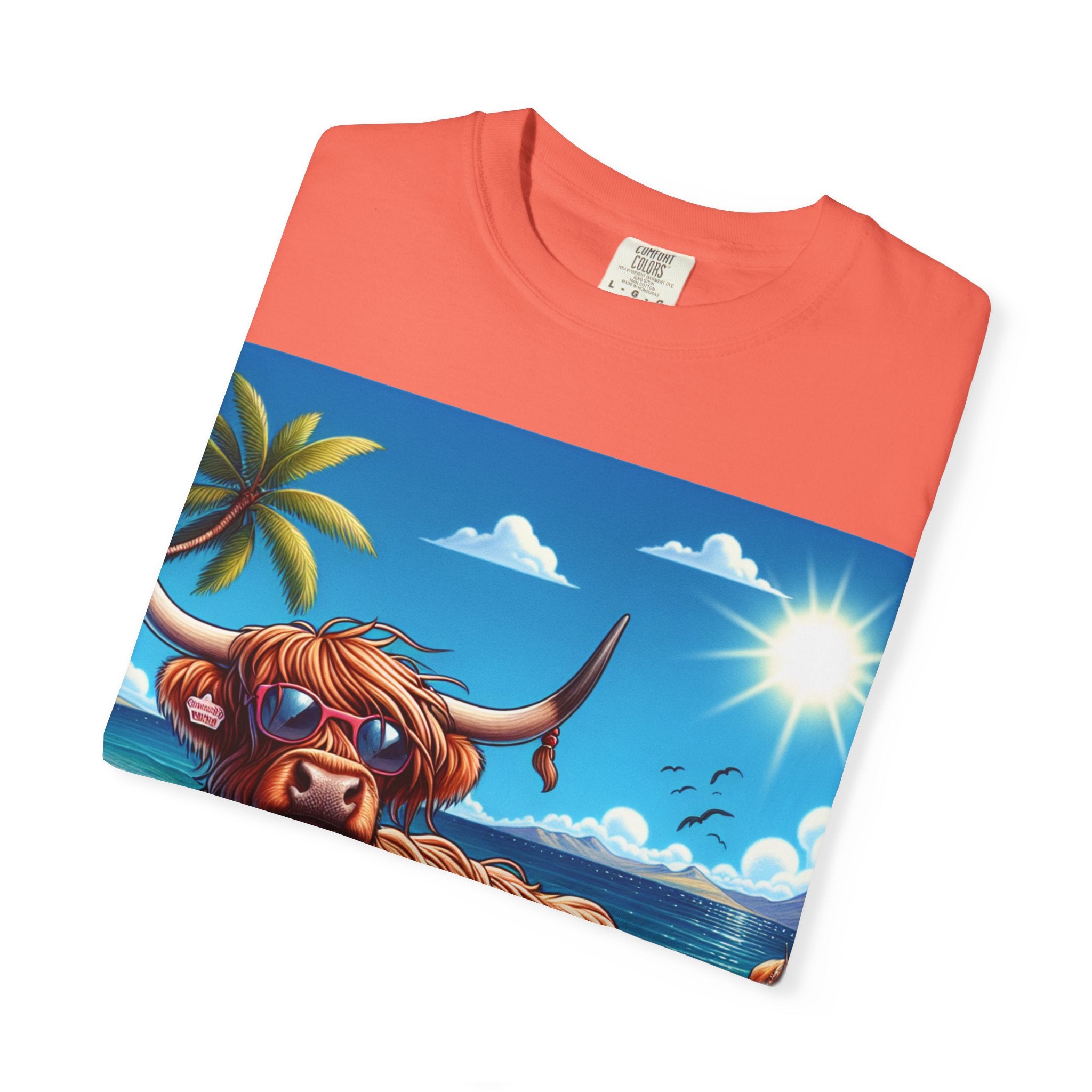 Beachy Highland Cow T-shirt | Unisex Garment-Dyed Tee, Relaxed Summer Fashion, Animal Lover Gift, Vacation Wear, Fun Graphic Tee