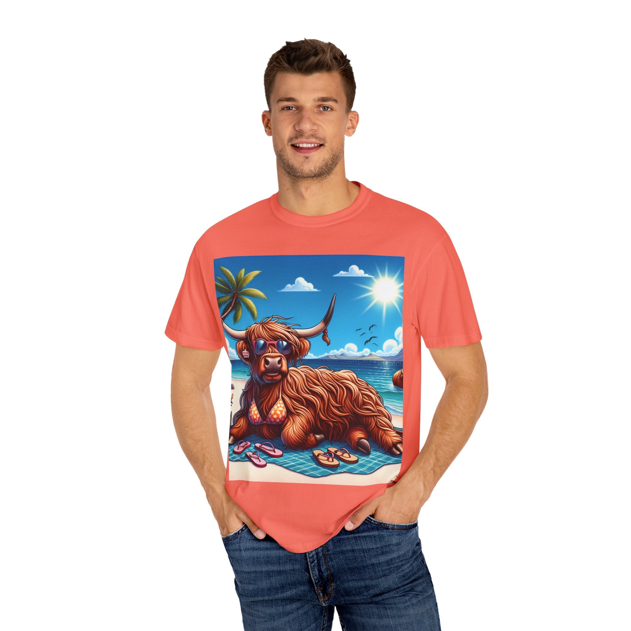 Beachy Highland Cow T-shirt | Unisex Garment-Dyed Tee, Relaxed Summer Fashion, Animal Lover Gift, Vacation Wear, Fun Graphic Tee
