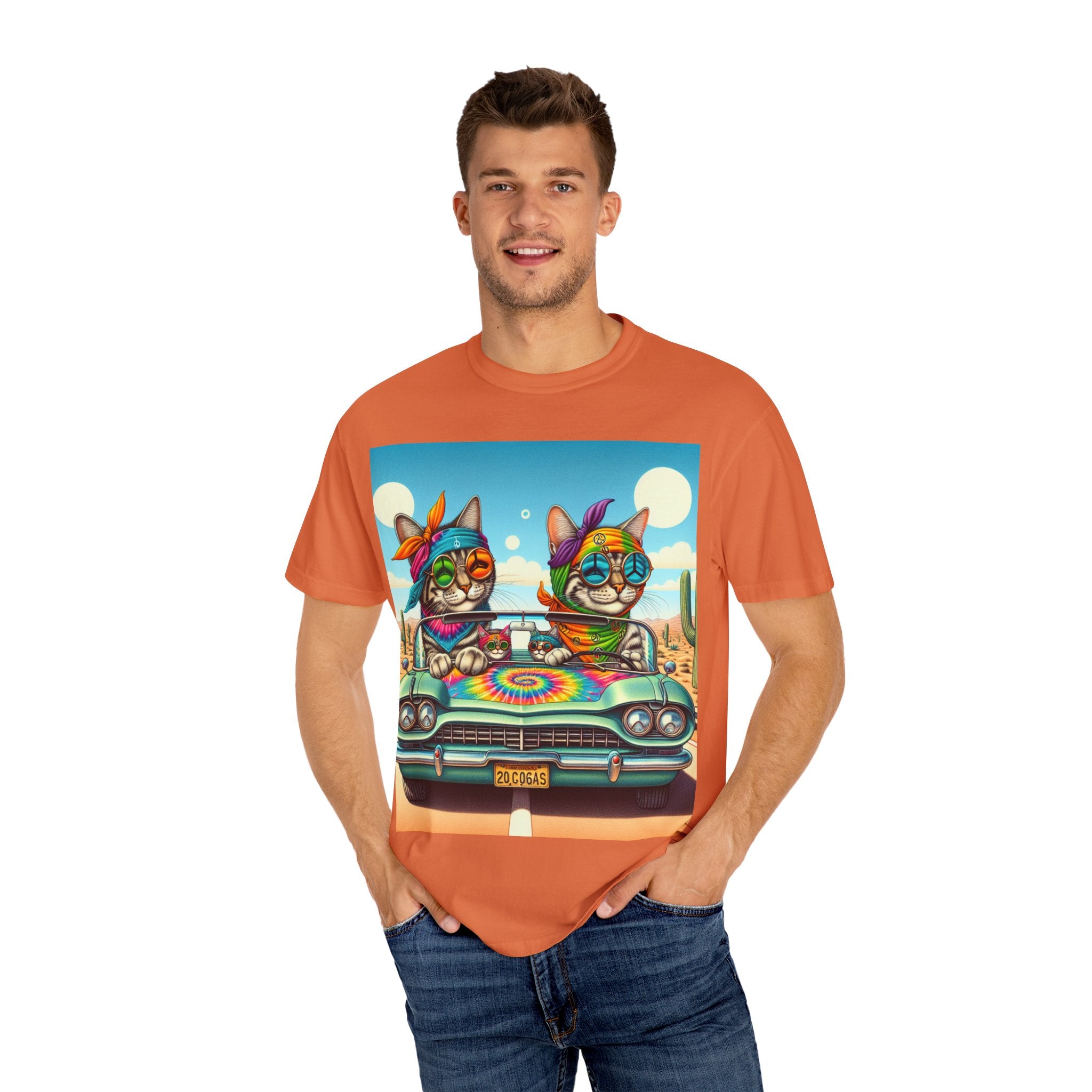 Vibrant Cat Road Trip Unisex T-shirt, Colorful Summer Tee, Gift for Cat Lovers, Festival Apparel, Cute Pet T-shirt, Boho Cat Style