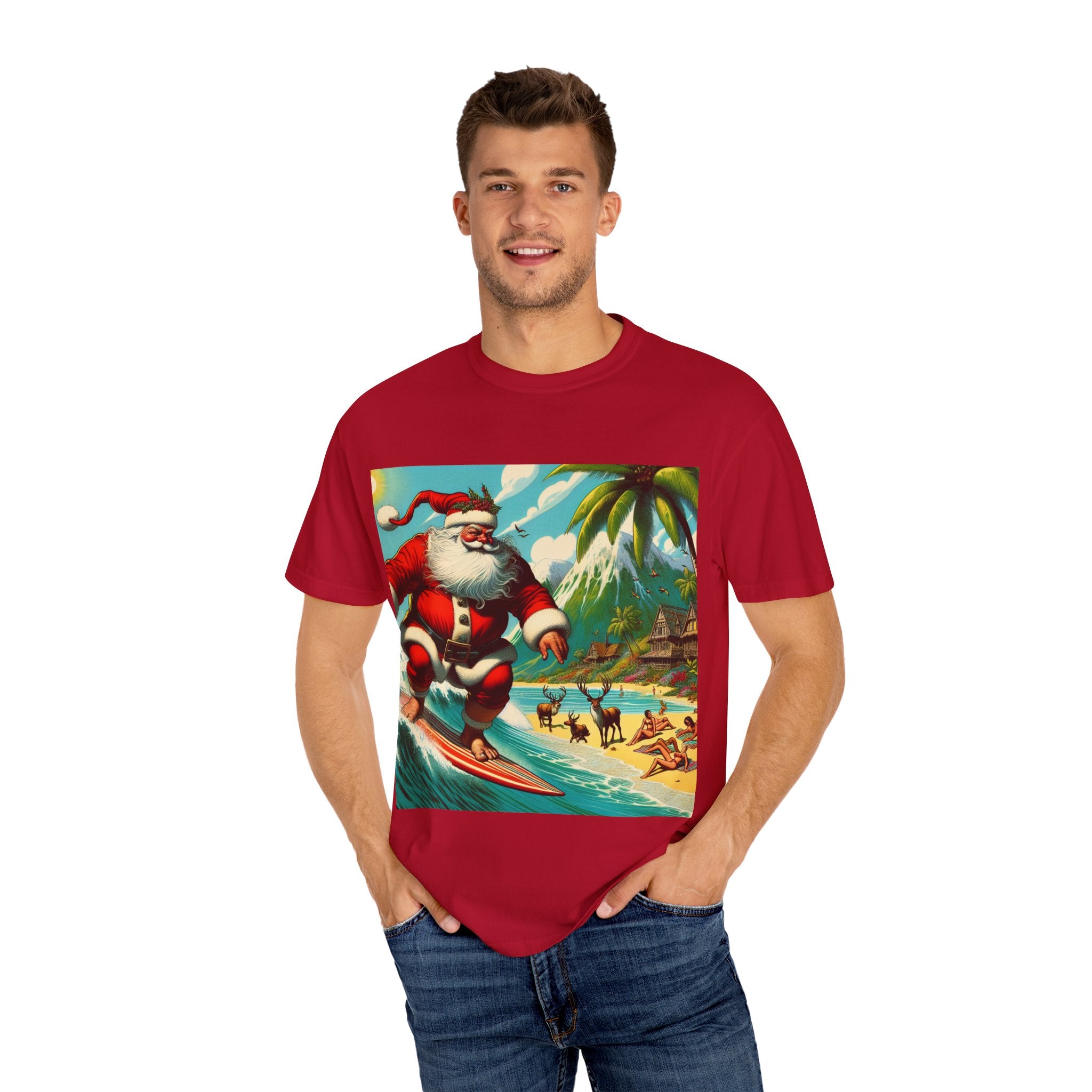 Surfing Santa Unisex T-Shirt, Christmas Tee, Holiday Wear, Funny T-Shirt, Summer Vibes, Gift for Him/Her, Beach Apparel