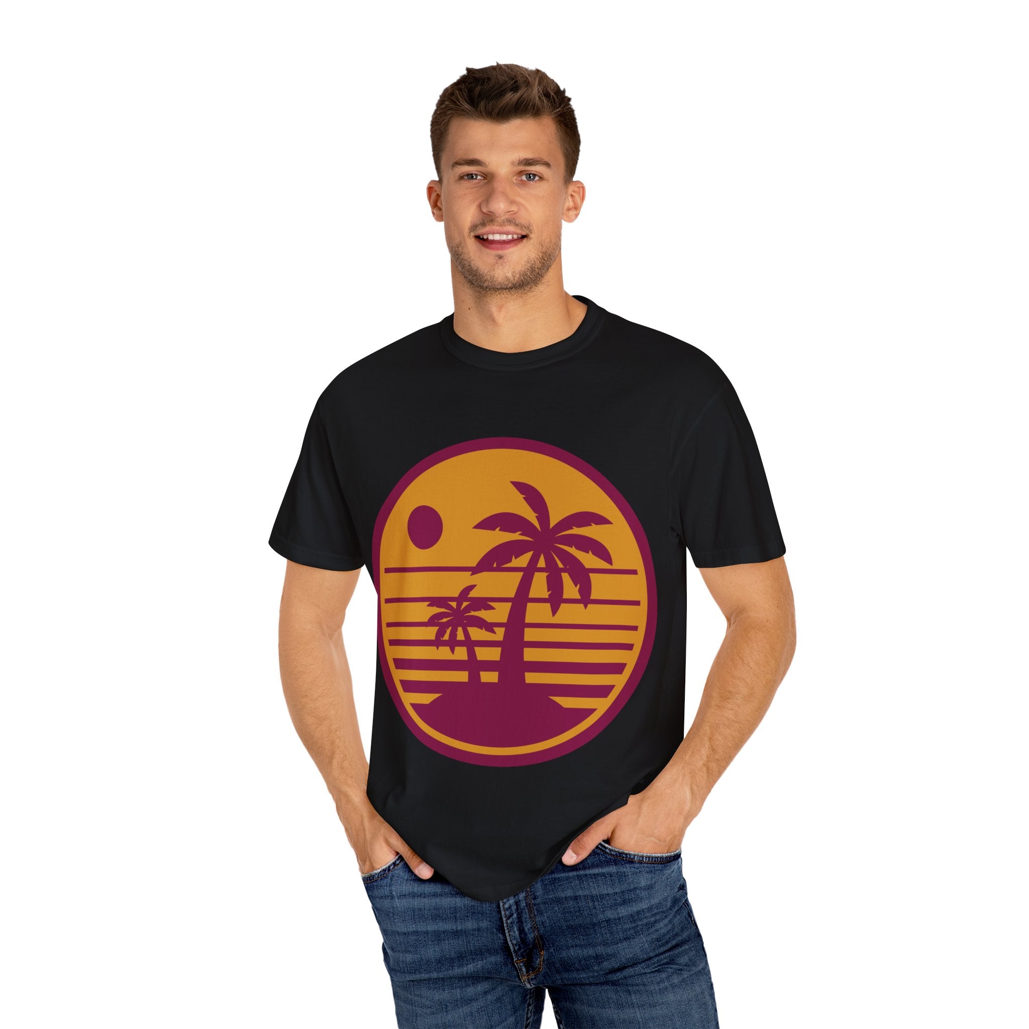 Sunset Palm Tree T-shirt, Casual Summer Tee, Unisex Beachwear, Graphic Tee for Vacation, Gift for Nature Lovers