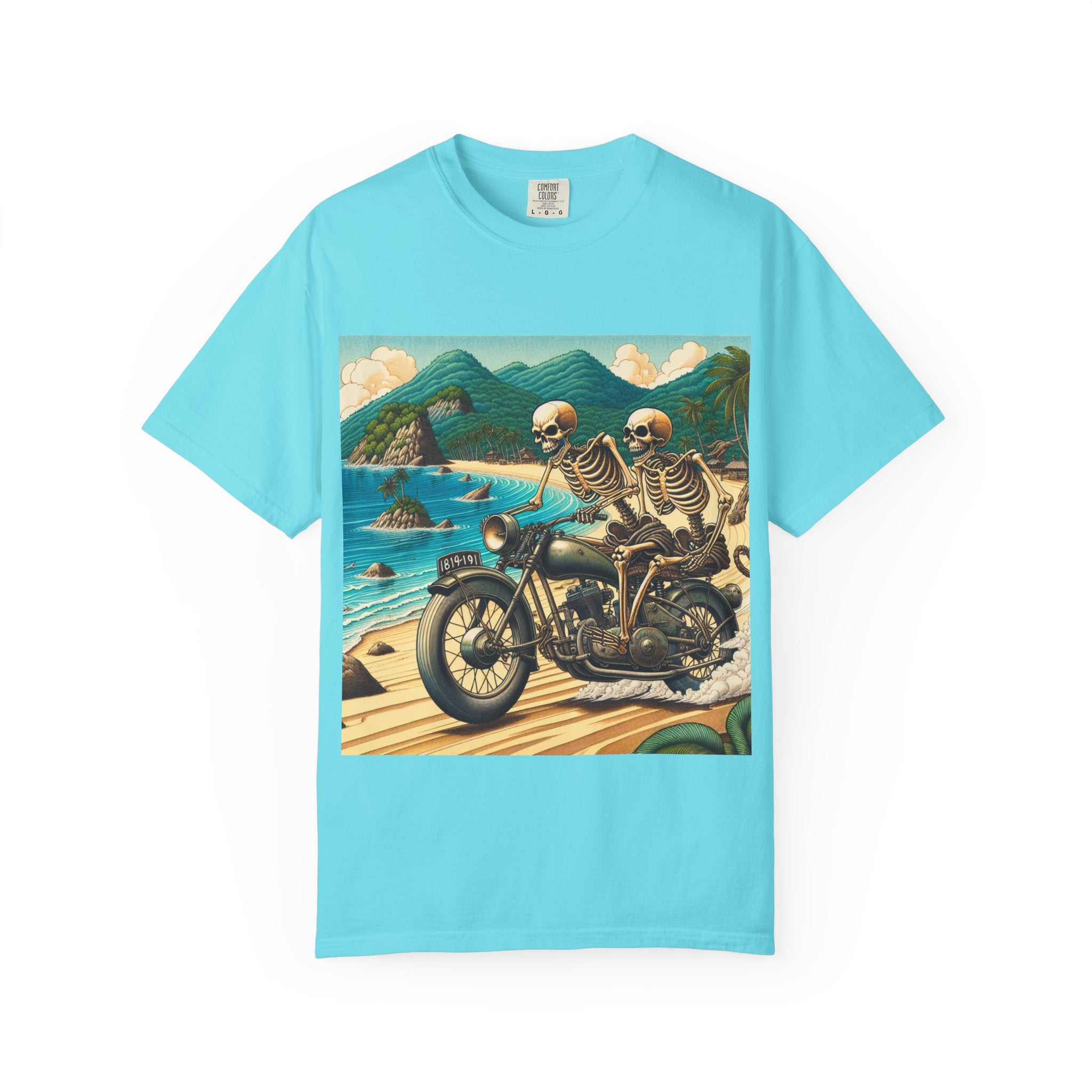 Skeleton Motorcycle Adventure T-Shirt, Casual Graphic Tee, Perfect for Bikers, Halloween, Road Trips, Vintage Style