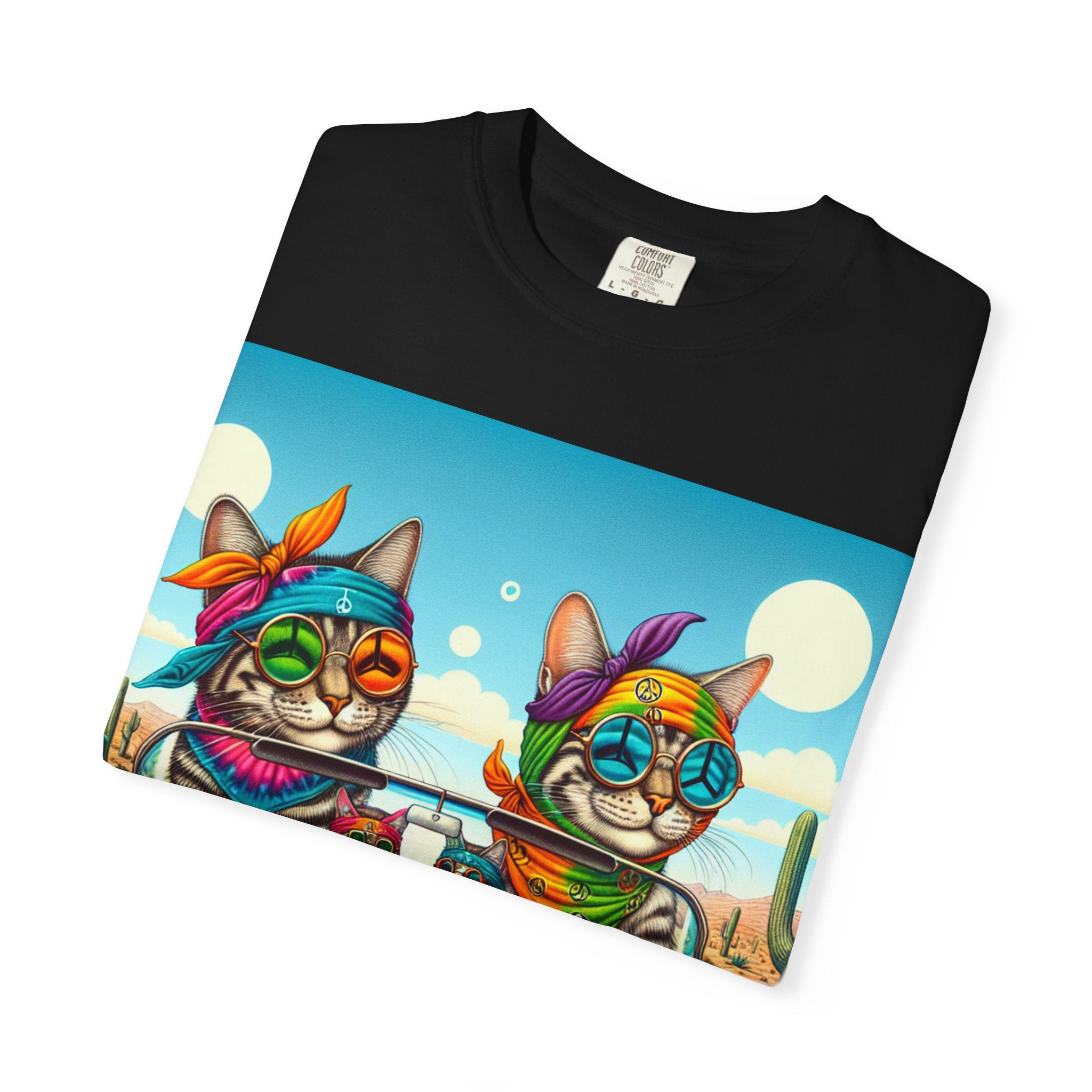 Vibrant Cat Road Trip Unisex T-shirt, Colorful Summer Tee, Gift for Cat Lovers, Festival Apparel, Cute Pet T-shirt, Boho Cat Style