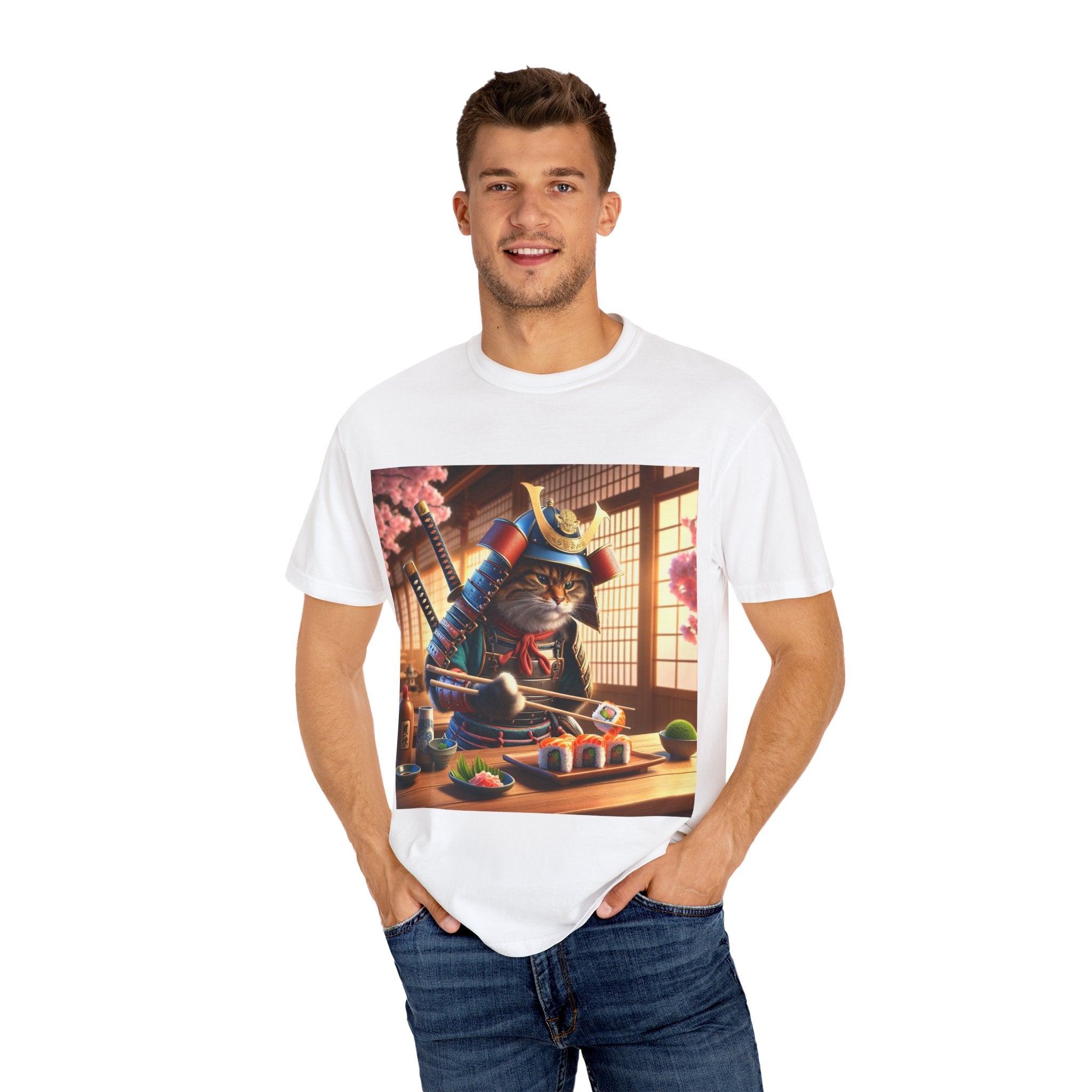 Samurai Cat T-Shirt, Cool Cat Tee, Sushi Lover Gift, Unique Graphic Shirt, Unisex Apparel, Fun Pet Gift