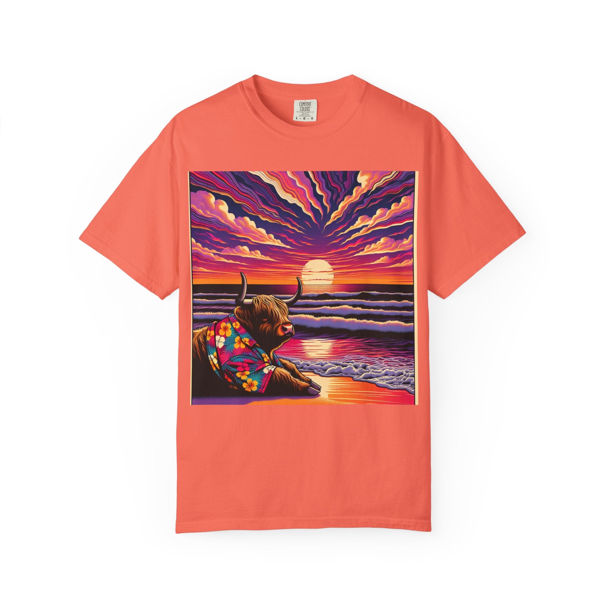 Vibrant Sunset Bull T-Shirt, Beach Vibes Tee, Colorful Summer Shirt, Unisex Graphic T-Shirt, Gift for Animal Lovers