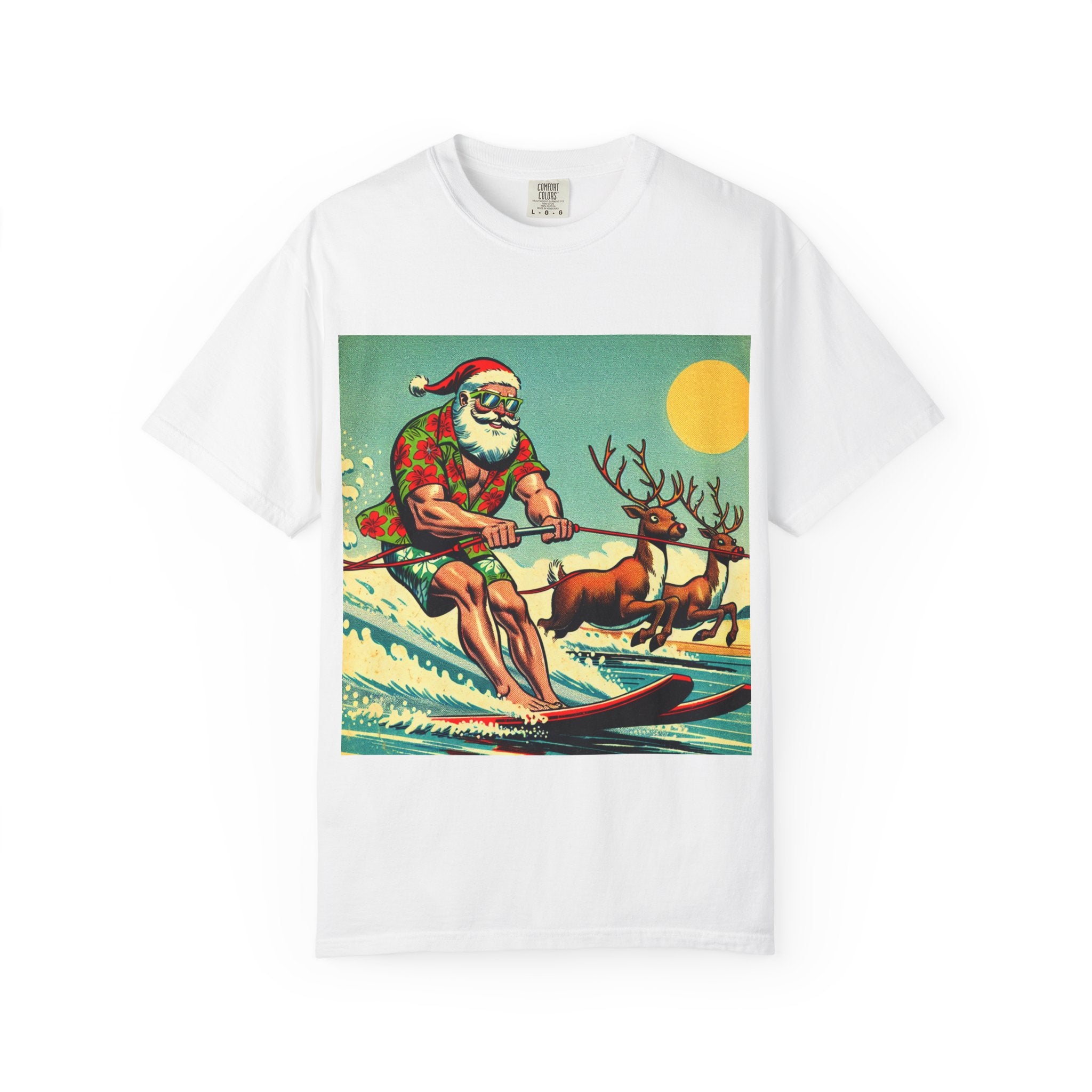 Surfing Santa T-shirt | Holiday Humor Shirt, Christmas Gift, Vintage Santa Tee, Summer Vibes, Unisex Casual Wear