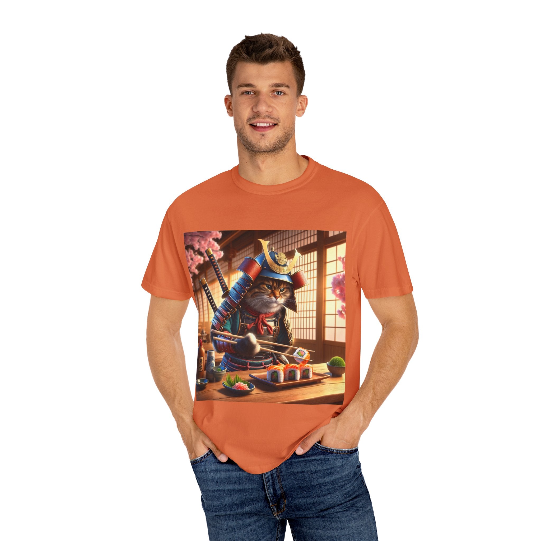 Samurai Cat T-Shirt, Cool Cat Tee, Sushi Lover Gift, Unique Graphic Shirt, Unisex Apparel, Fun Pet Gift
