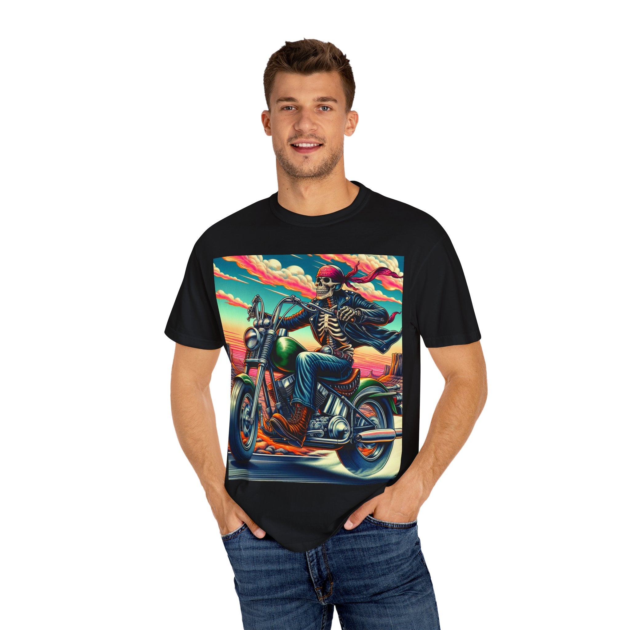 Skeleton Rider T-Shirt - Bohemian Vibe, Perfect for Bikers, Music Festivals, Casual Wear, Gift for Adventurers