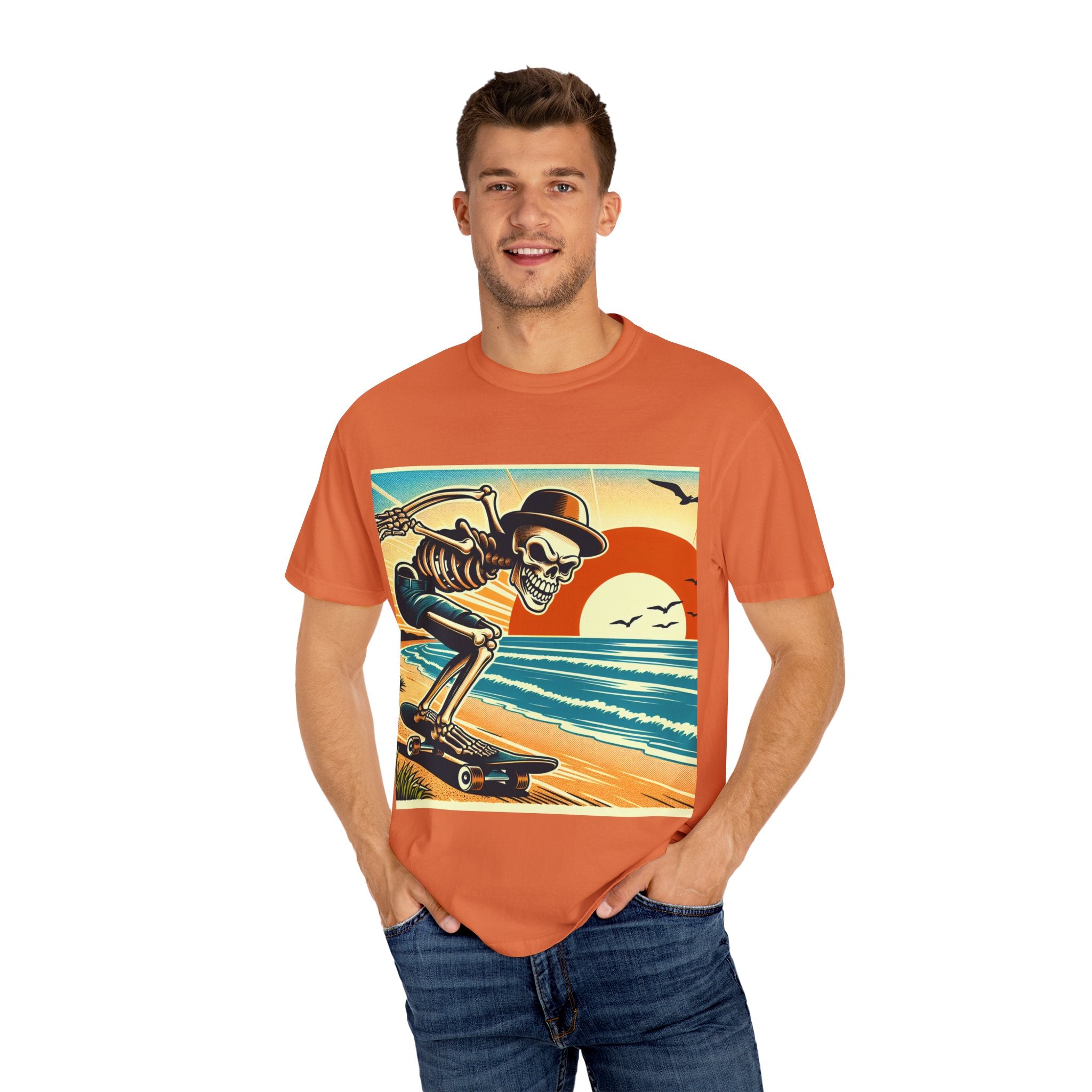 Skeleton Skateboarder Unisex T-Shirt, Beach Vibe Tee, Summer Fashion, Gift for Skaters, Casual Wear, Unique Graphic Tee