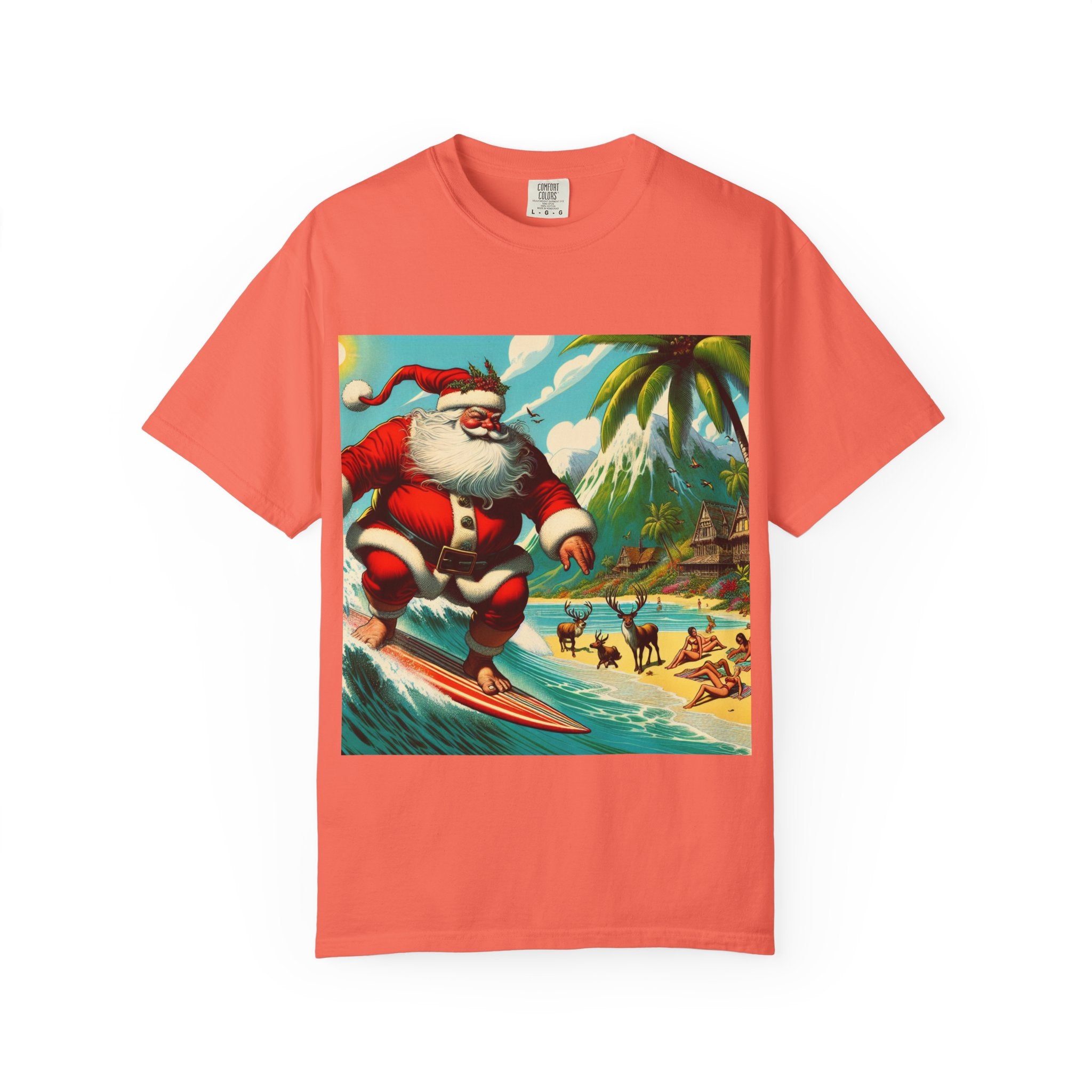 Surfing Santa Unisex T-Shirt, Christmas Tee, Holiday Wear, Funny T-Shirt, Summer Vibes, Gift for Him/Her, Beach Apparel