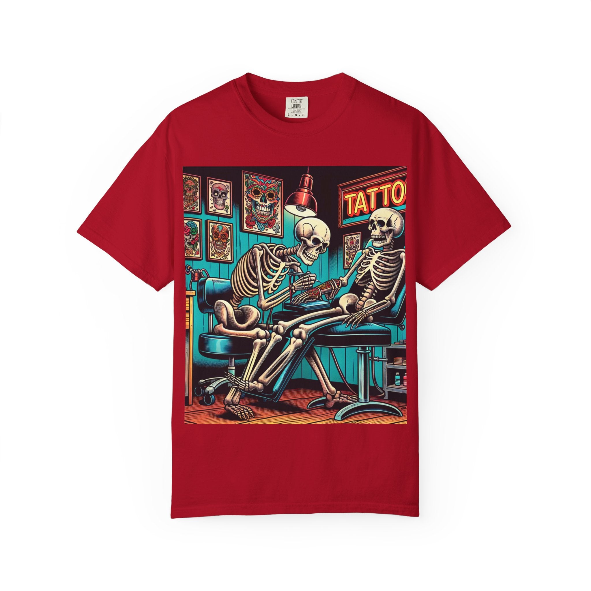Skeleton Tattoo Parlor T-Shirt, Unisex Graphic Tee, Halloween Apparel, Gift for Tattoo Lovers, Retro Style Shirt, Unique Gift Idea
